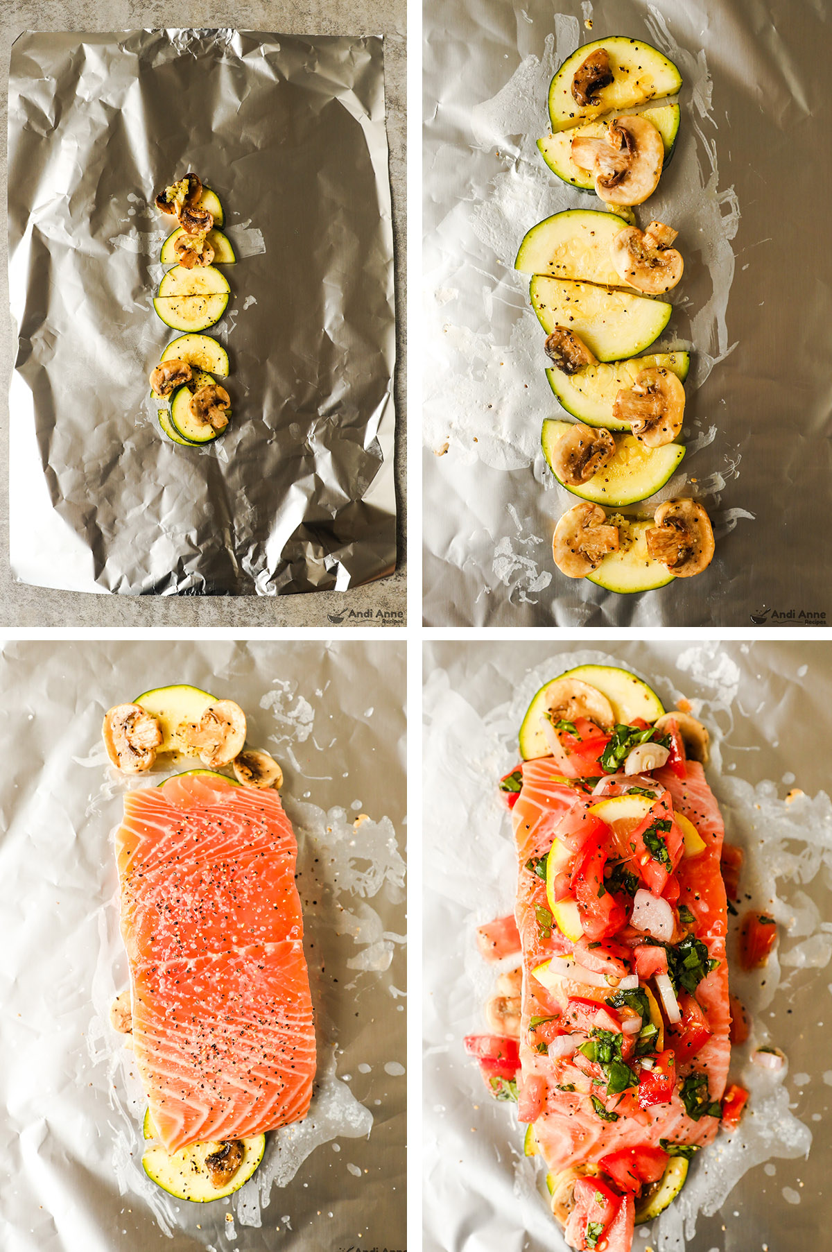 Four images showing steps to make foil salmon packet. First two the foil and then chopped seasoned zucchin and mushrooms on top, third raw seasoned salmon fillet on top, fourth lemon and tomato salsa on top.