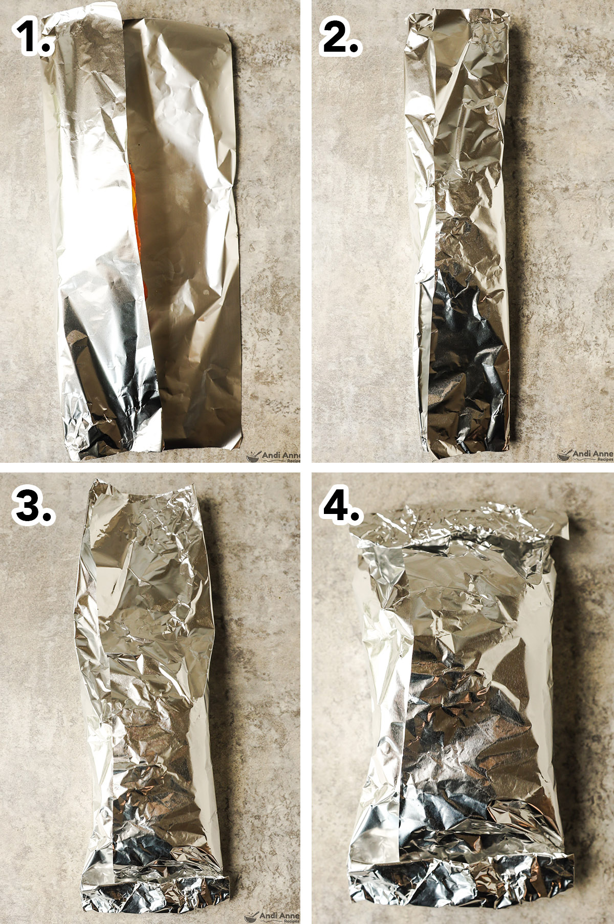 Four images of foil being folded around salmon and veggies to make a foil packet.