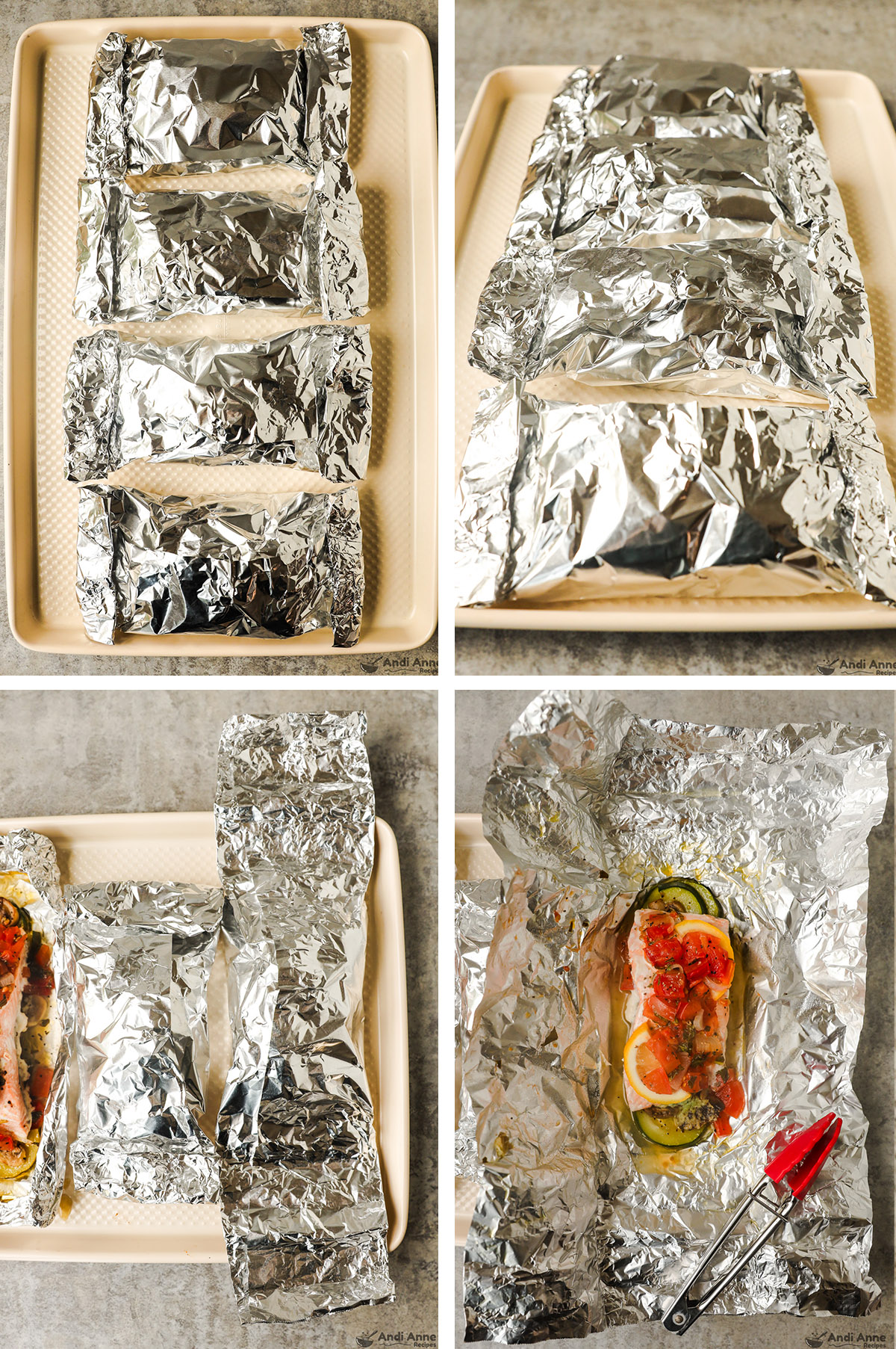 Four salmon packets on a baking sheet with one image showing a packet opened with cooked salmon and veggies inside and a pair of tongs.