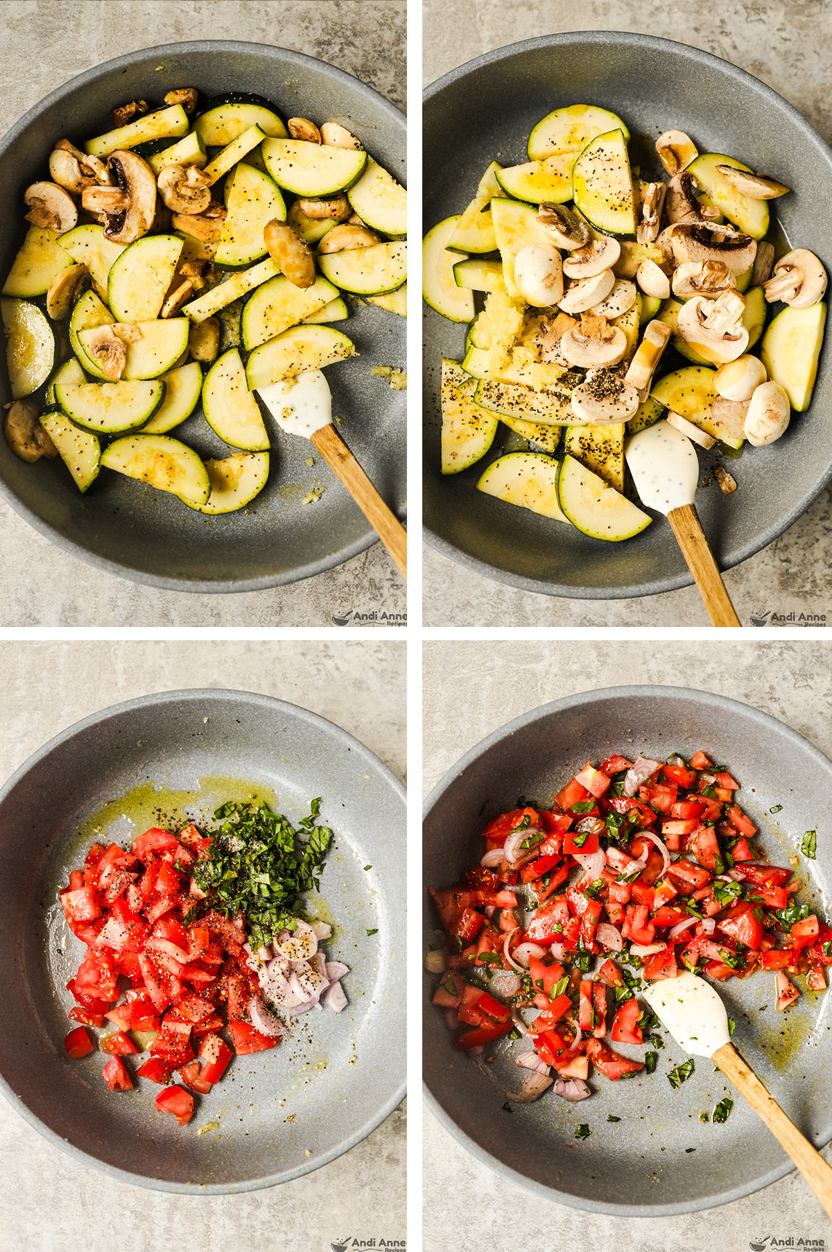 Four images grouped together. First is sliced zucchini, mushrooms and seasoning dumped into a bowl. Second is those ingredients mixed together. Third is chopped tomatoes, basil, shallot, oil and seasonings dumped into a bowl, fourth is the ingredients mixed together.