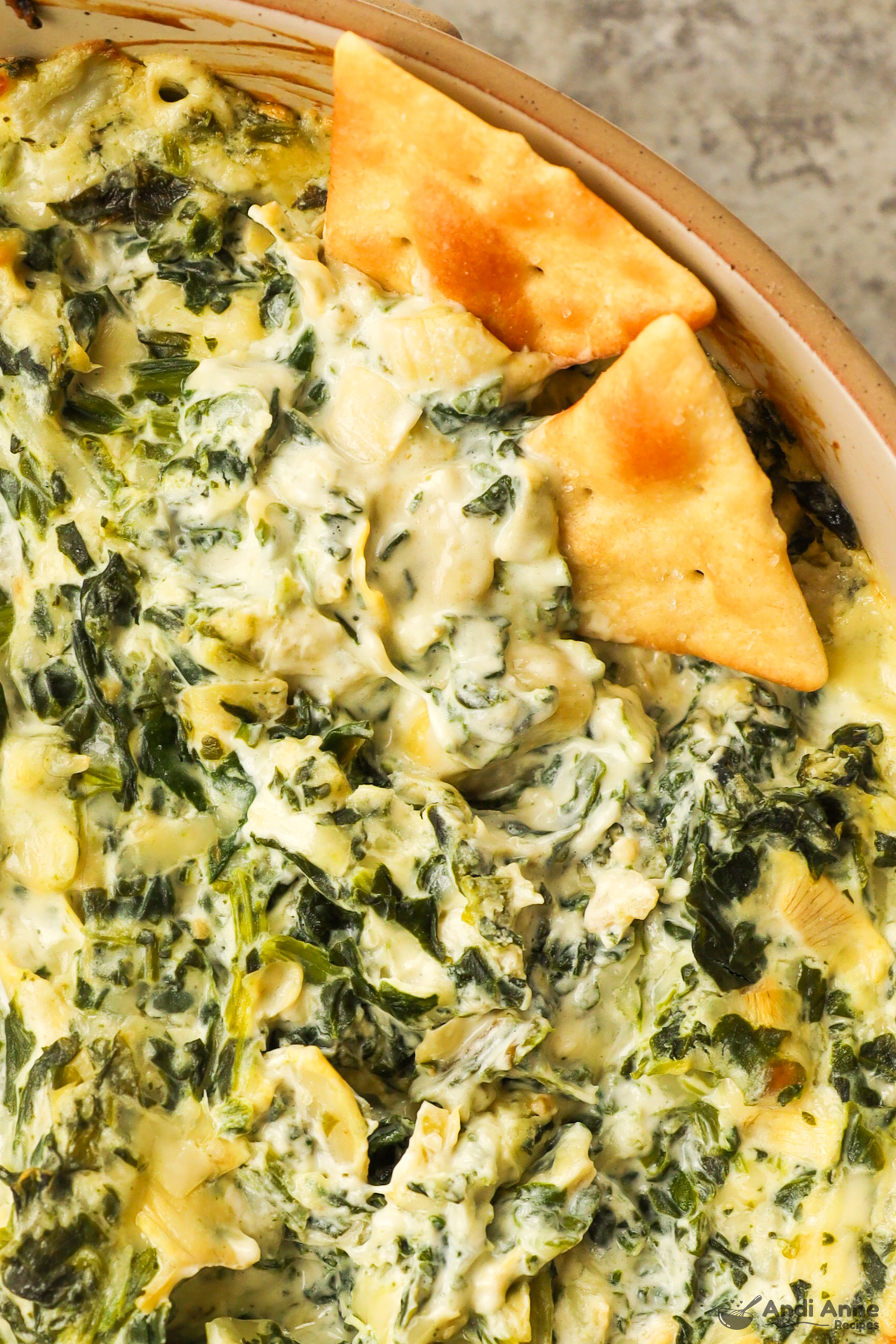 Close up of two crackers in spinach artichoke dip.