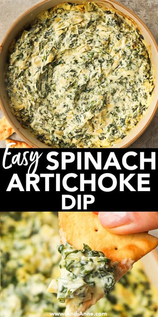 A bowl of easy spinach artichoke dip, and a hand holding a chip with the dip on it