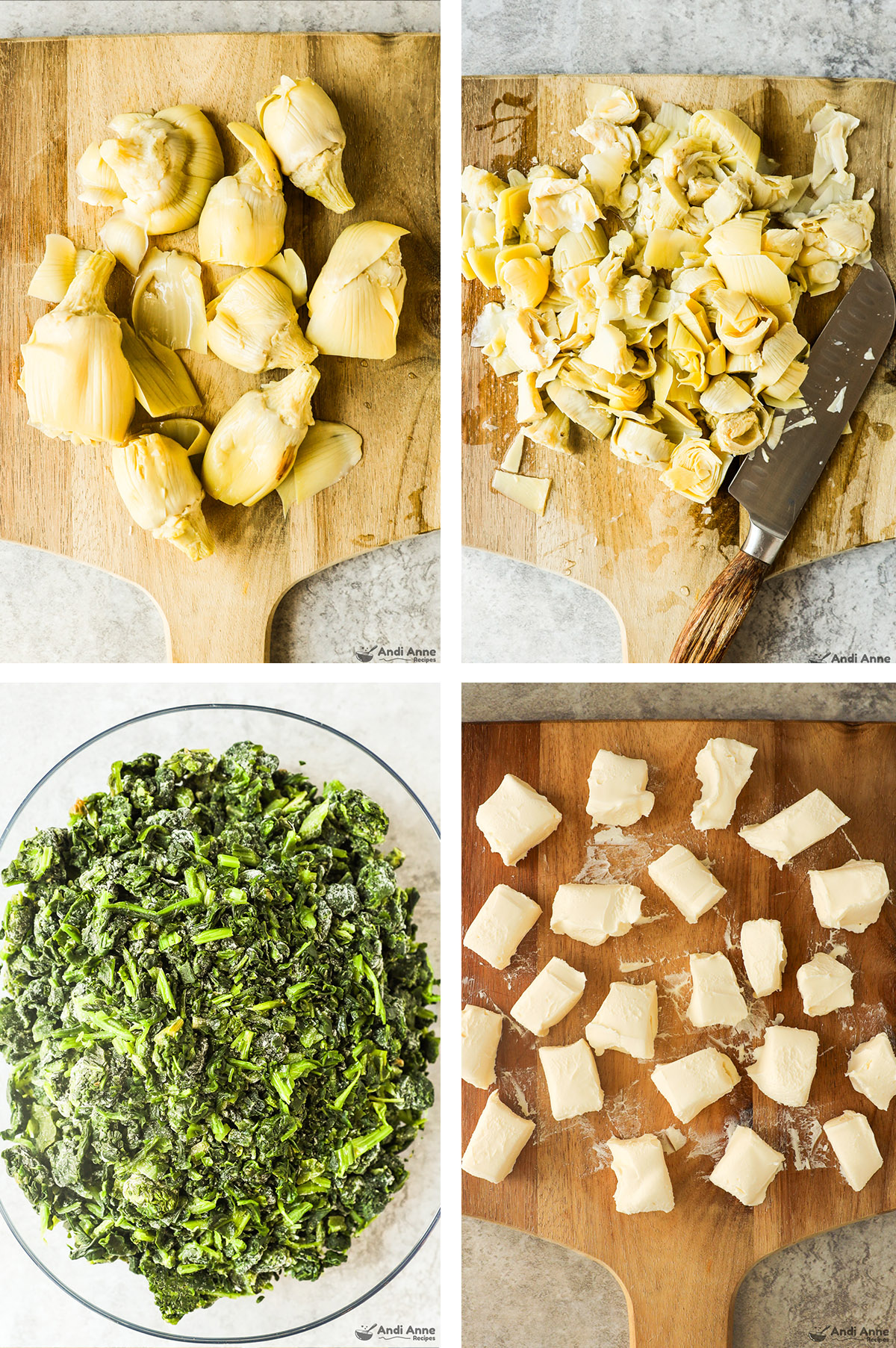 Four images grouped: first two are canned artichokes whole then chopped. Third is chopped frozen spinach, fourth is chunks of softened cream cheese.