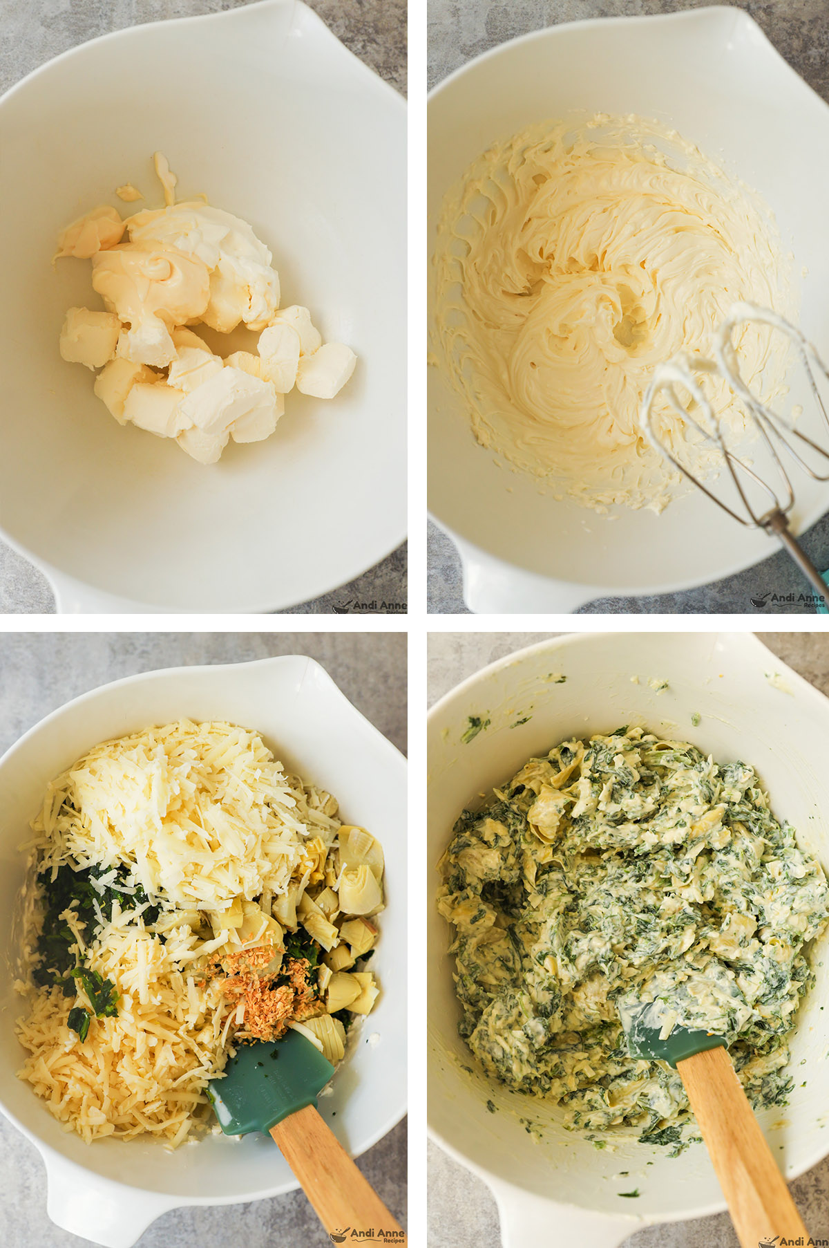 Four images grouped of a large white bowl, first has chunks of parmesan, second is creamed cream cheese, third has shredded cheese, spinach, chopped artichokes and spices dumped in. Fourth is ingredients cooked.