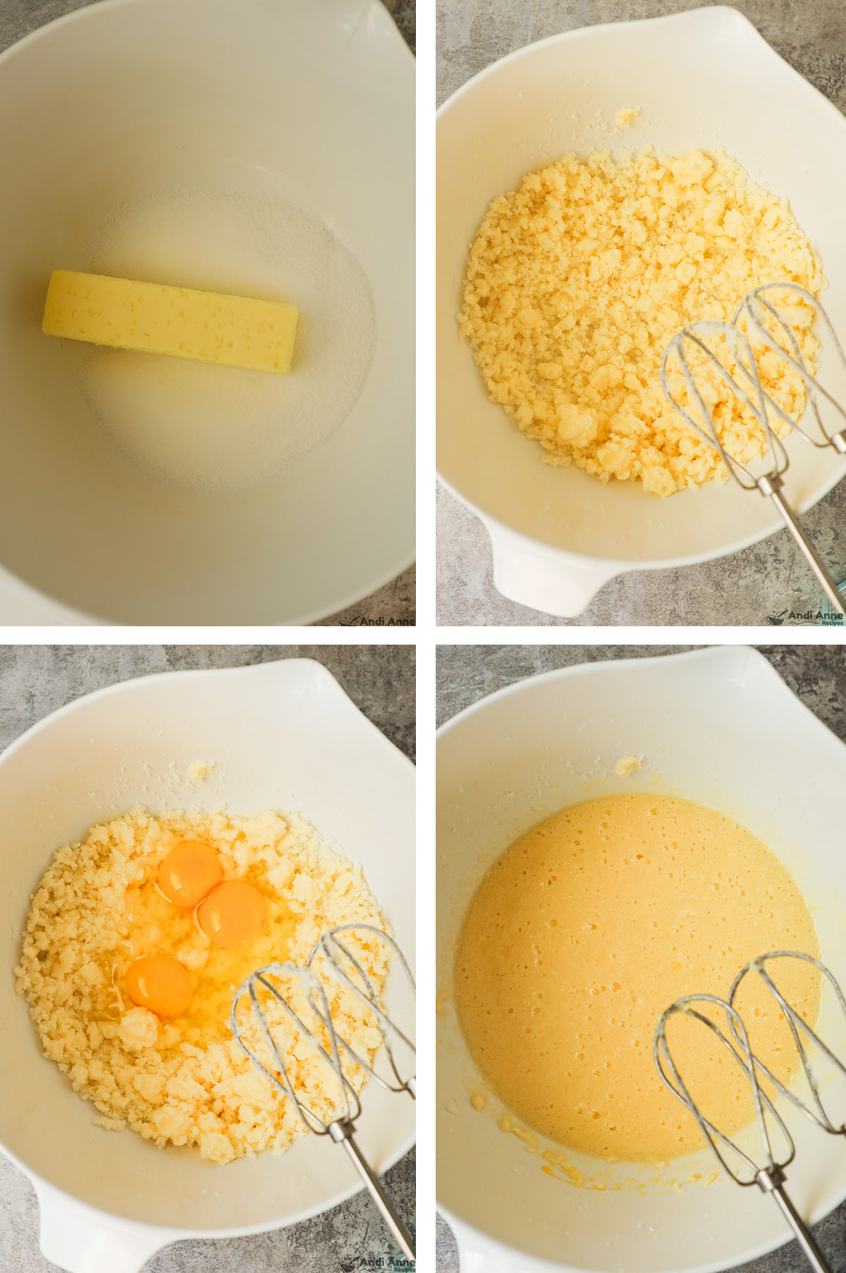 Four images of a white bowl, first two butter and sugar uncreamed then creamed. Second two eggs added unmixed then mixed. 