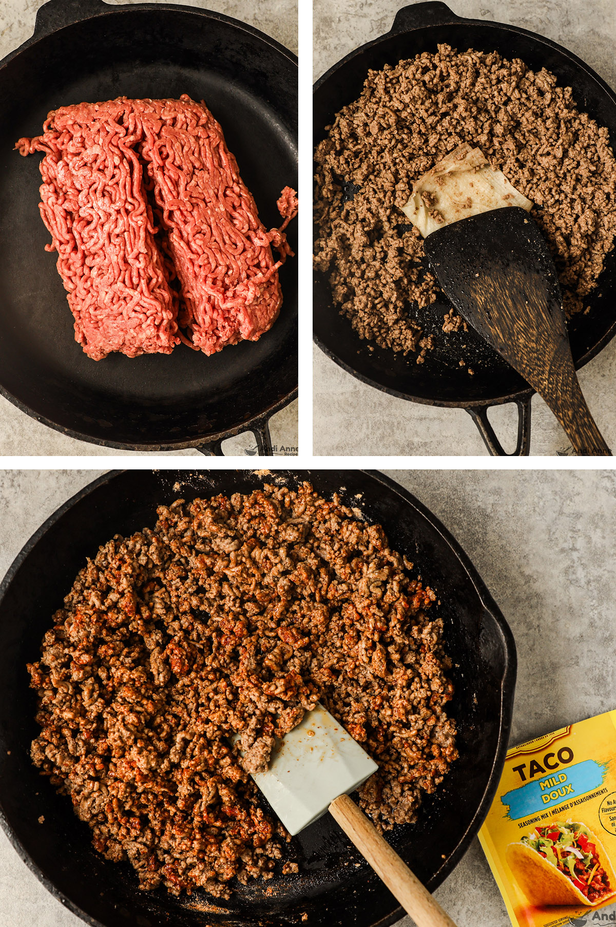 Three images of ground beef in skillet, first with raw ground beef, second with crumbled ground beef, third with taco seasoning sprinkled over cooked ground beef