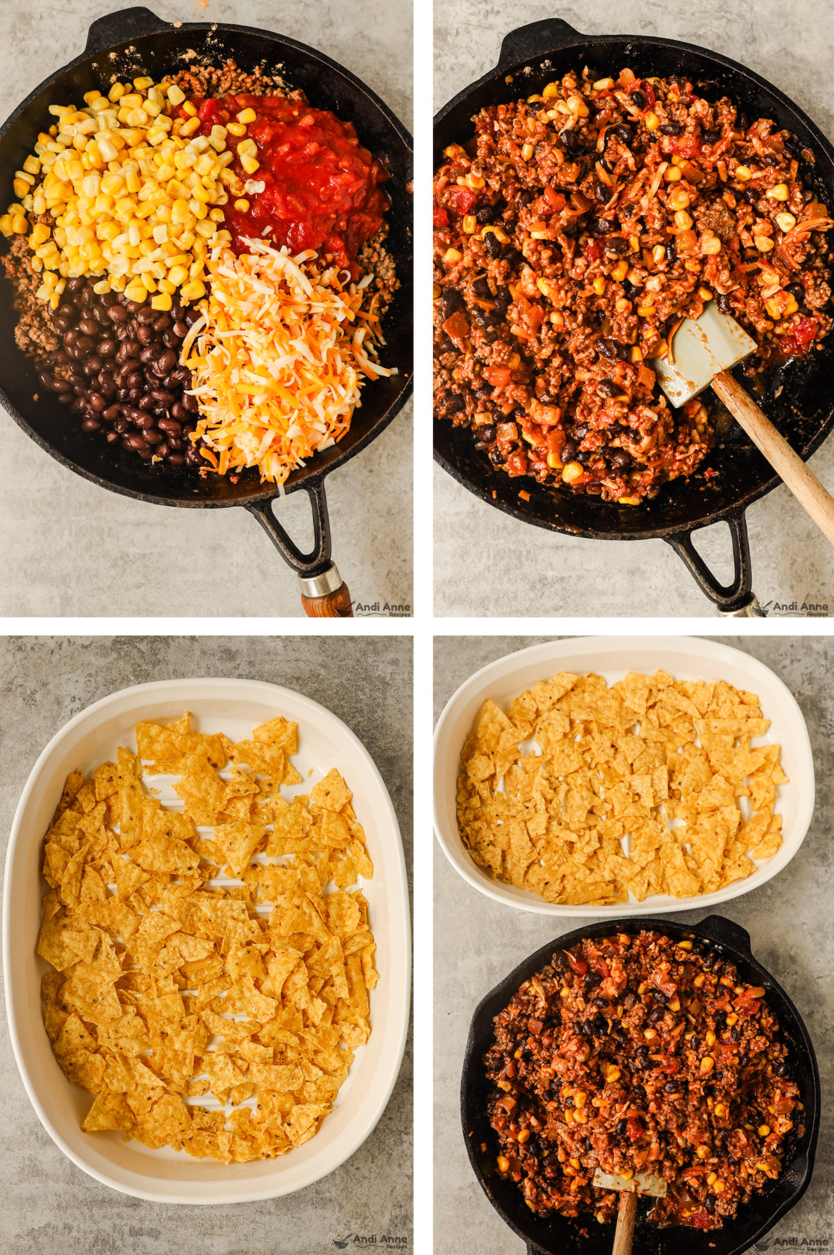 Four images, first is pan with corn, black beans, salsa and shredded cheese dumped over ground beef. Second is ground beef mixture mixed all together with ingredients. Third is crushed tortillas in a casserole dish. Fourth is that casserole dish and the pan with cooked ground beef mixture side by side.