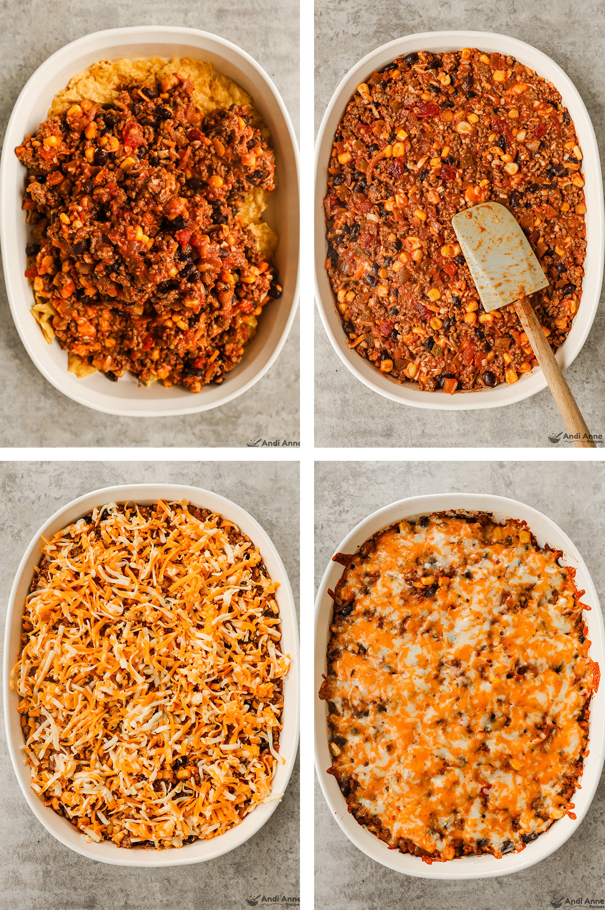 Four images. First two casserole dish with ground beef mixture dumped in then smoothed with spatula. Third is shredded cheese sprinkled over top. Fourth is cooked casserole.