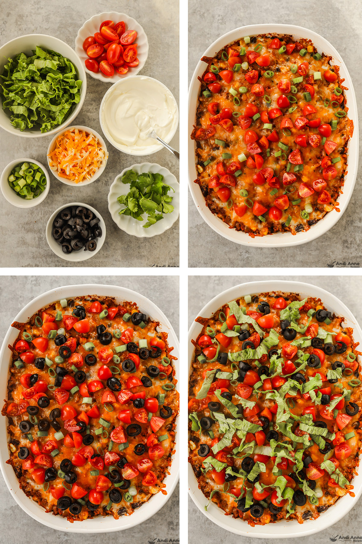 Four images, first is bowls of fresh chopped tomatoes, green onions, olives, cilantro, cheese and sour cream. Second. is chopped tomatoes and green onion sprinkled over casserole. Third has added olives. Fourth has added shredded lettuce