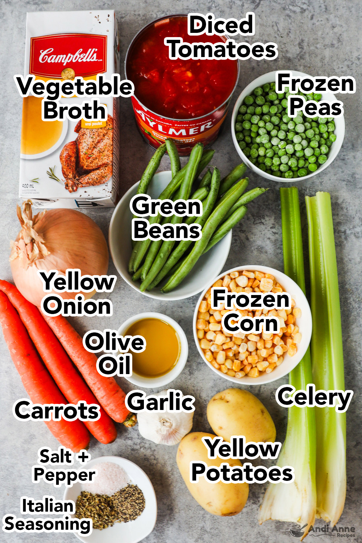 Carton of broth, canned diced tomatoes, bowls of frozen peas, green beans, yellow onion, frozen corn, olive oil, some potatoes, celery sticks, carrots, and seasonings