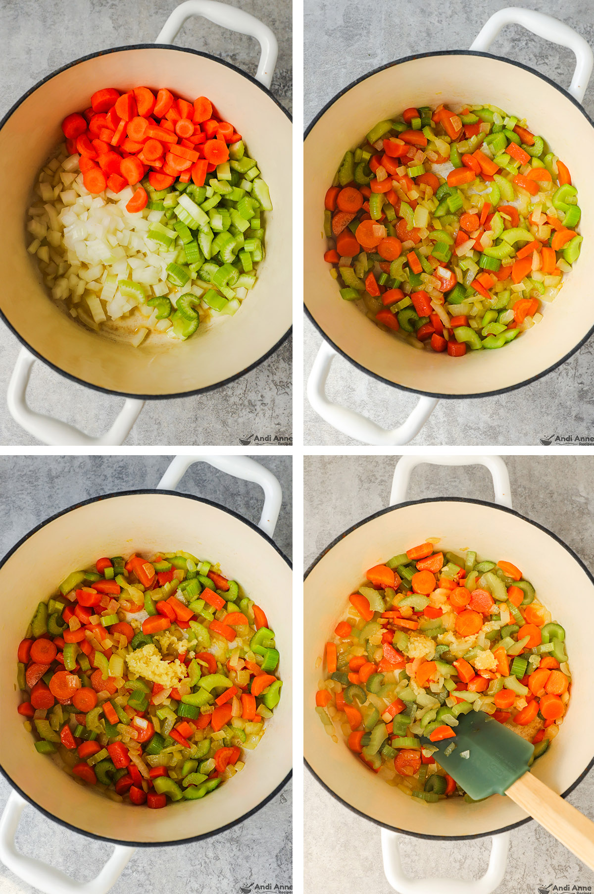 Four images of a pot, first with chopped onion, carrots and celery uncooked. Second with those vegetables mixed and cooked. Third image with a clump of minced garlic dumped into pot. Four with it mixed together.