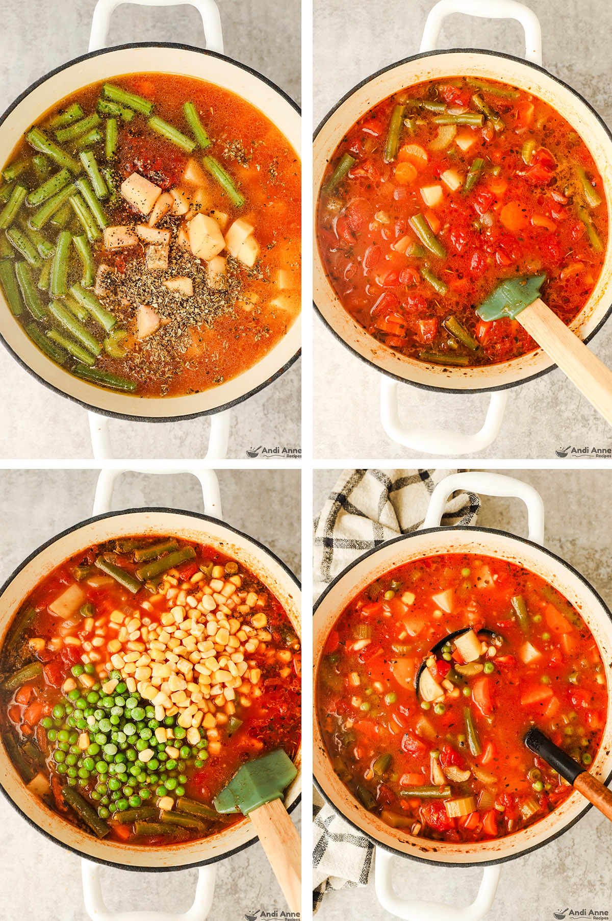 Green beans, potatoes and spices dumped into the soup pot first unmixed then mixed. Then frozen corn and peas dumped in first unmixed then mixed.