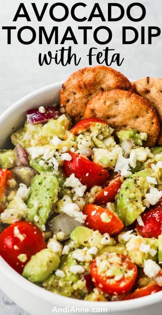 avocado tomato dip with feta and some crackers on the side