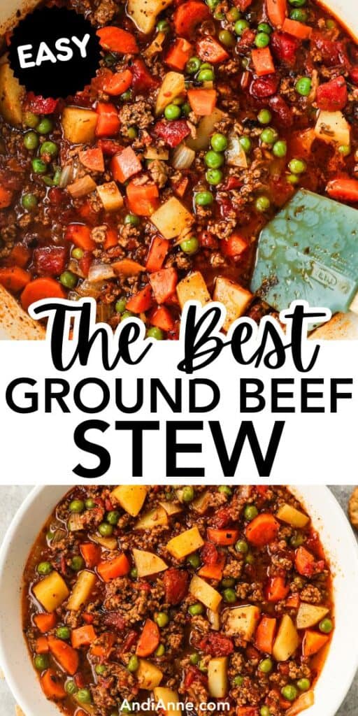 a pot and a bowl of ground beef stew