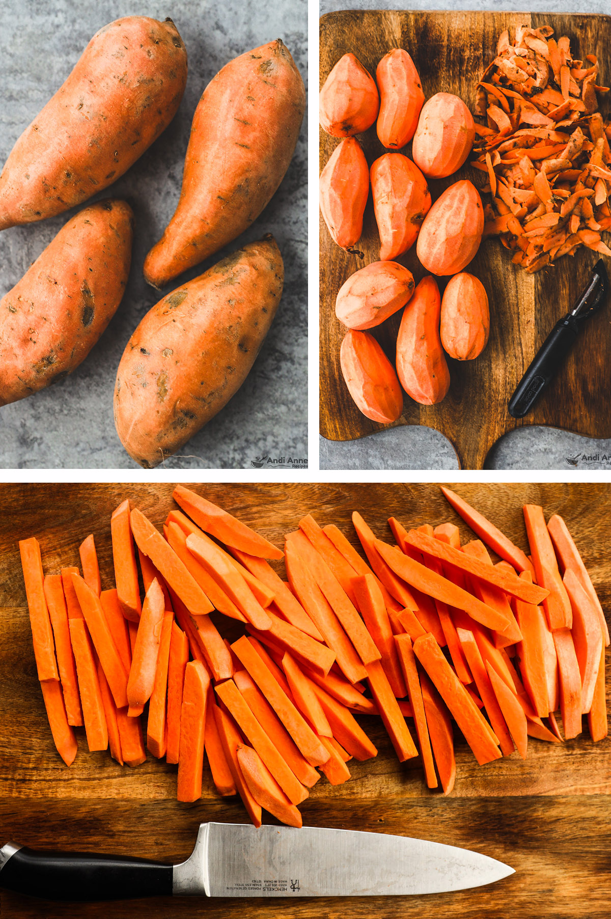 Three images together. First is sweet potatoes, second is peeled sweet potatoes, third is raw sweet potato chopped into sticks.