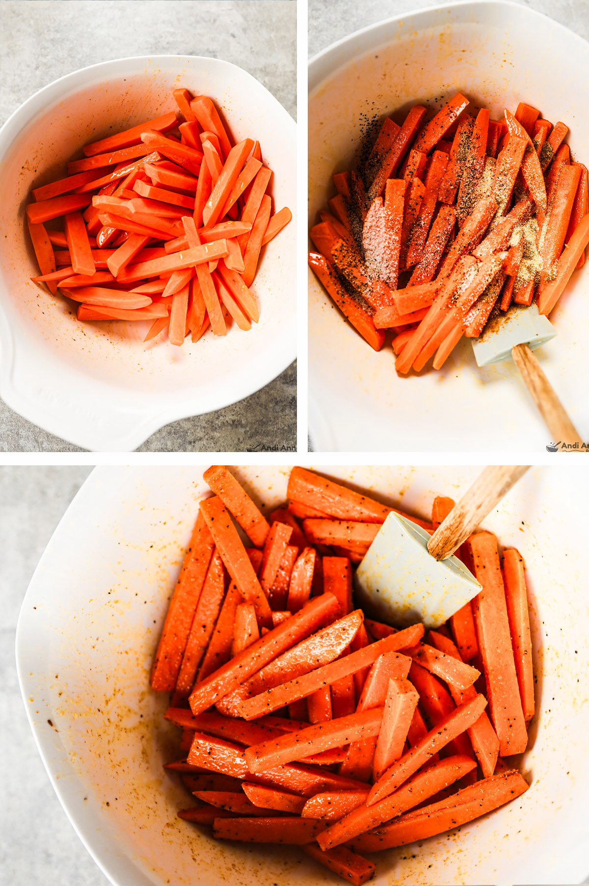 Three images of a bowl, first is sweet potato fries drizzled with olive oil. Second is seasoning sprinkled over top. Third is sweet potato sticks and seasonings mixed together.