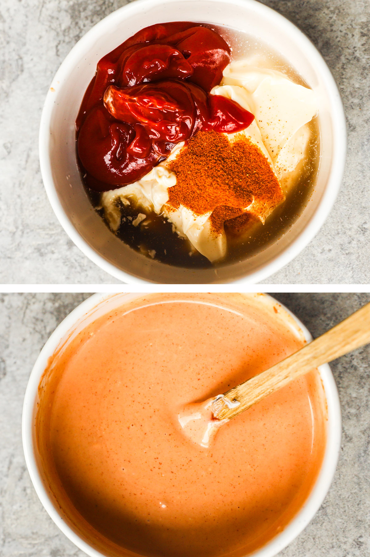 Two images of a bowl, first with mayo, ketchup and spices inside. Second with creamy special sauce all mixed together and a small spatula.