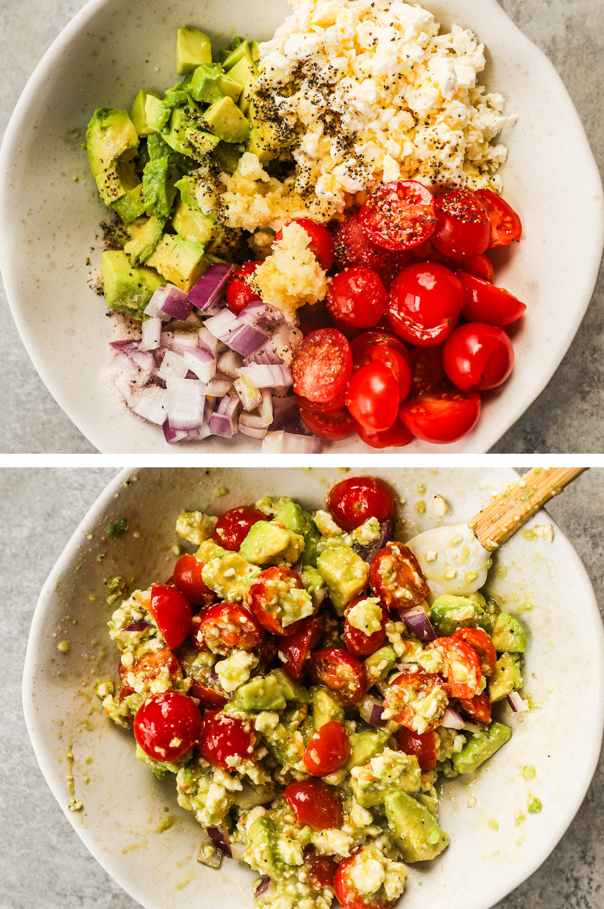 Two images, first is bowl with feta, chopped avocado, sliced tomato, onion and garlic dumped in. Second is ingredients mixed together.