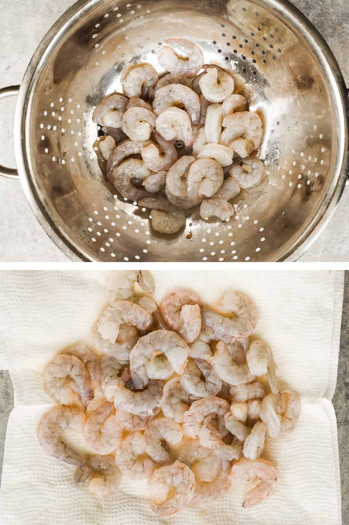 Raw shrimp in a strainer, and raw shrimp on paper towel