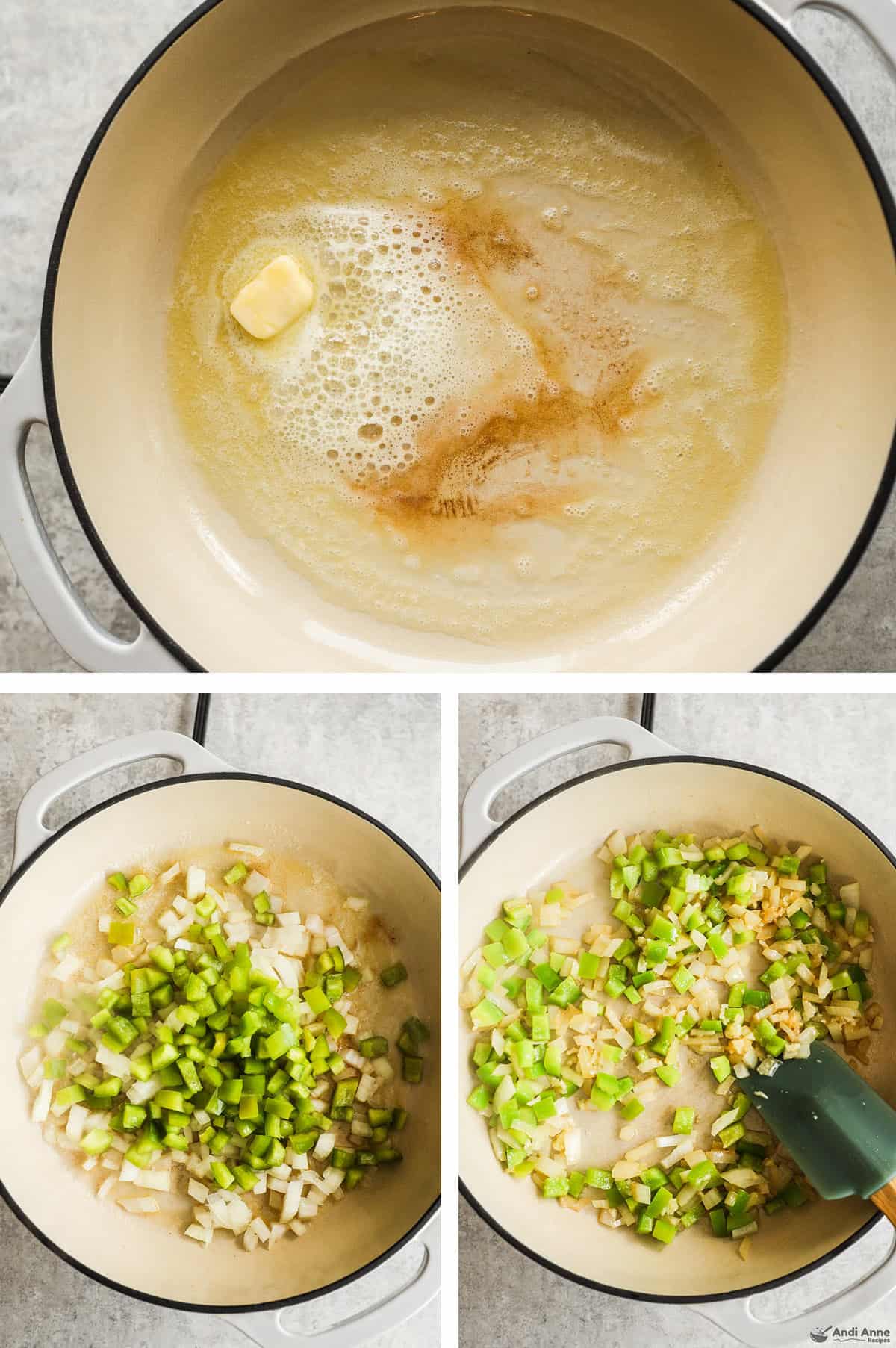 Three images grouped together of a pot, first with melted butter, second with chopped green bell pepper and onion, third with sauteed bell pepper and onion