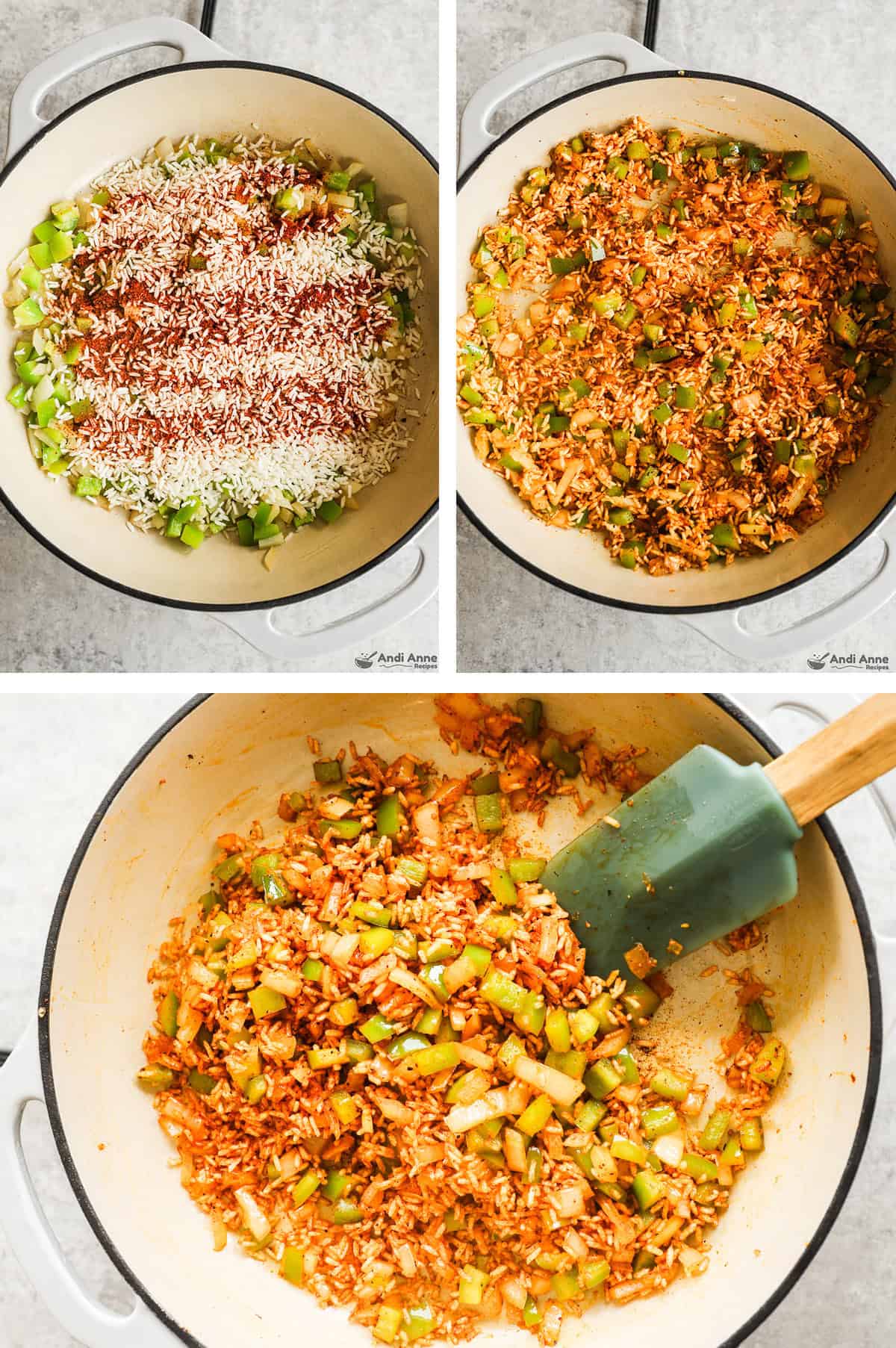 Three images grouped of a pot, first with rice and spices over bell pepper and onion. second ingredients mixed, third rice lightly toasted.