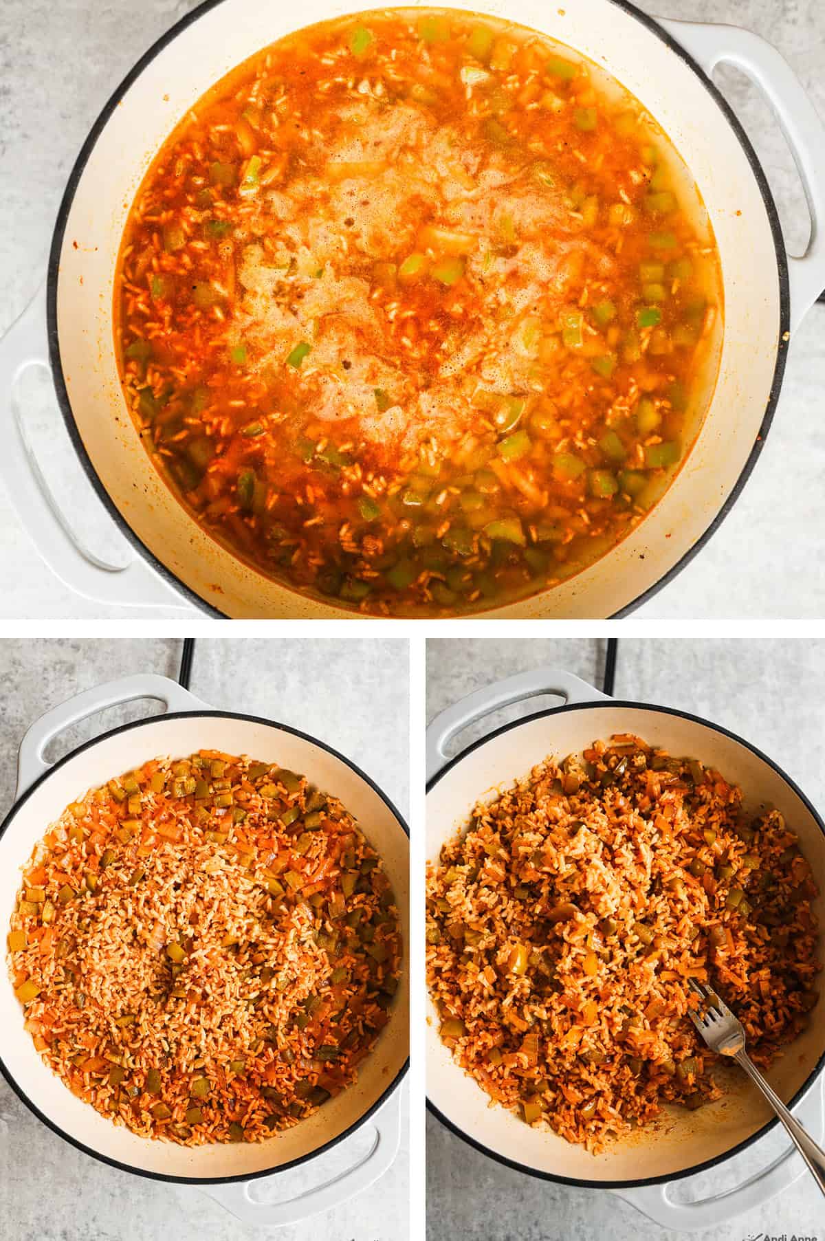 Three images grouped, first is rice bell pepper mixture with broth poured in. Second is cooked rice mixture but flat, third is fluffed rice with a fork