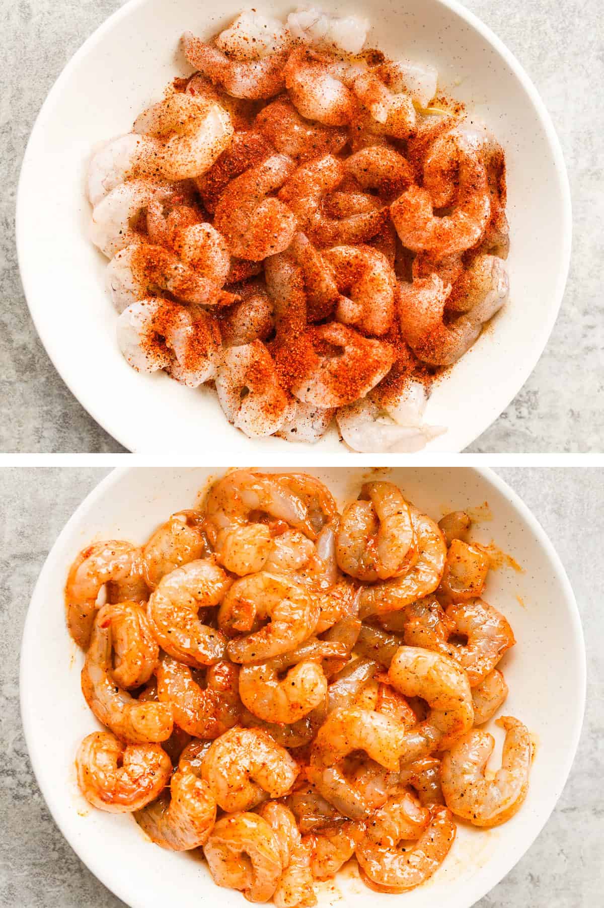 Two images of a bowl, first with raw shrimp with spices, second is shrimp with cajun spicy coating