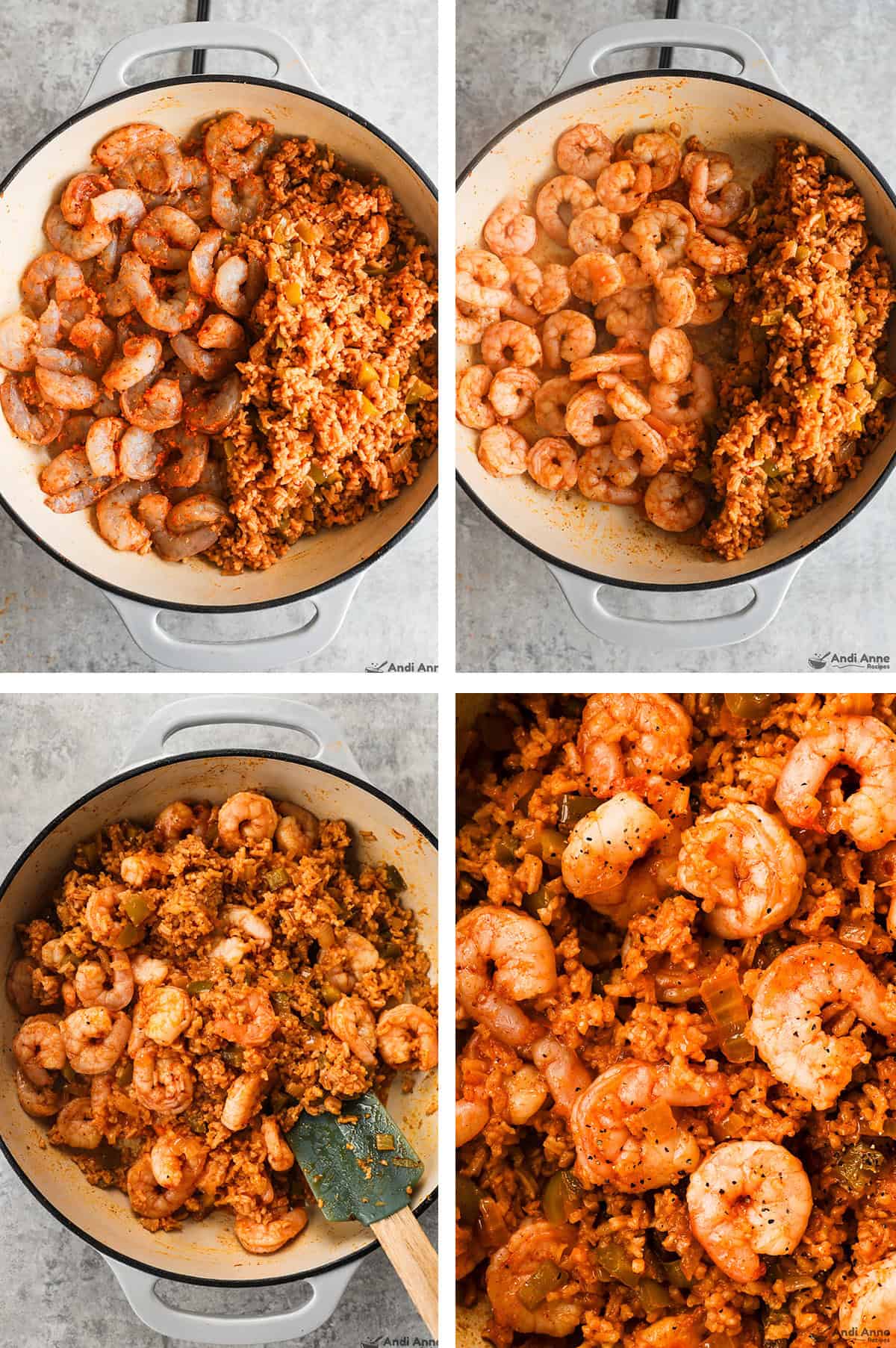 Four image grouped together, first is raw shrimp and rice in pot, second is cooked shrimp and rice side by side in pot, third is everything mixed together, fourth is close up