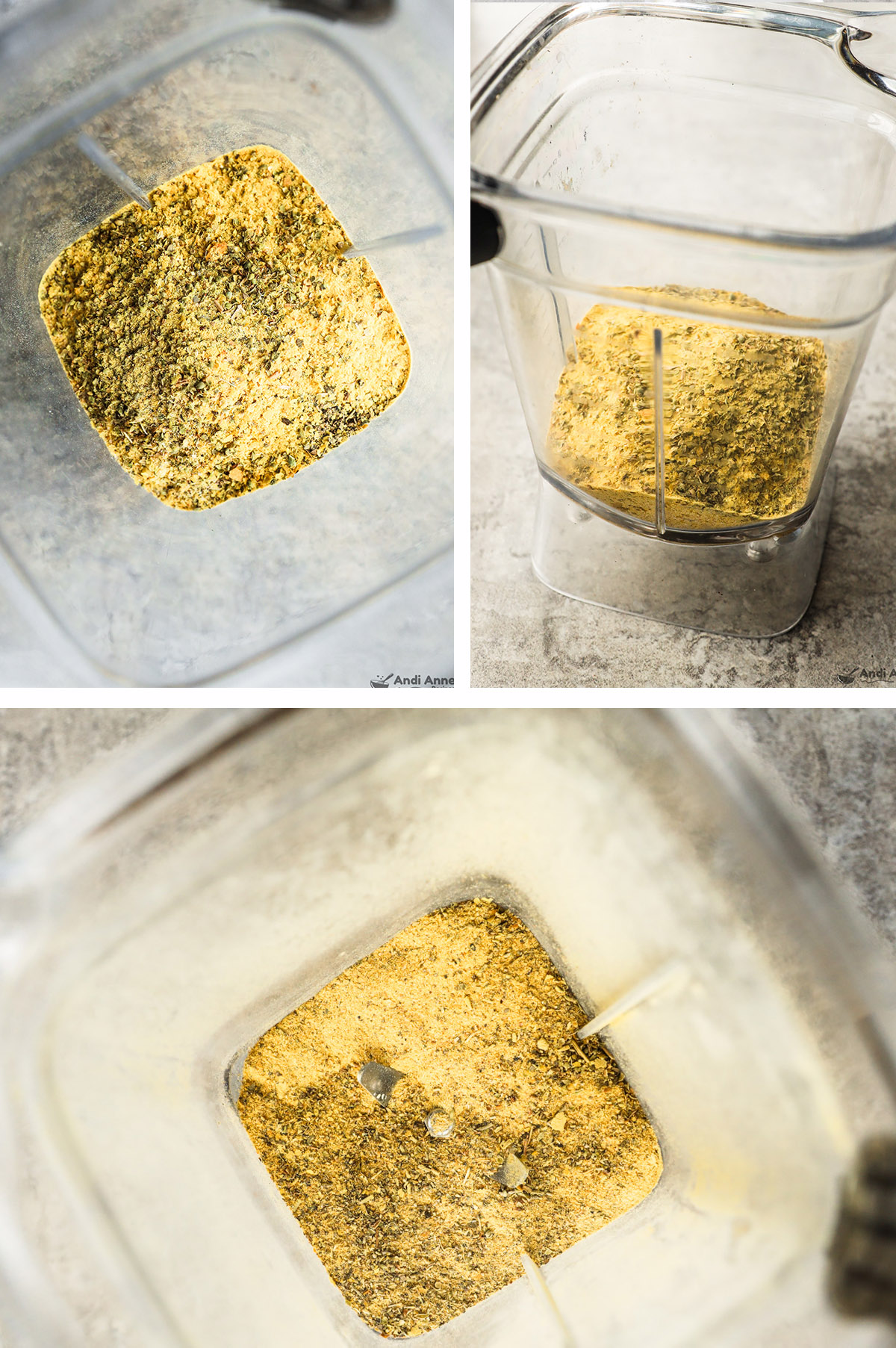 Three images of a blender with various spices inside in a yellow powder