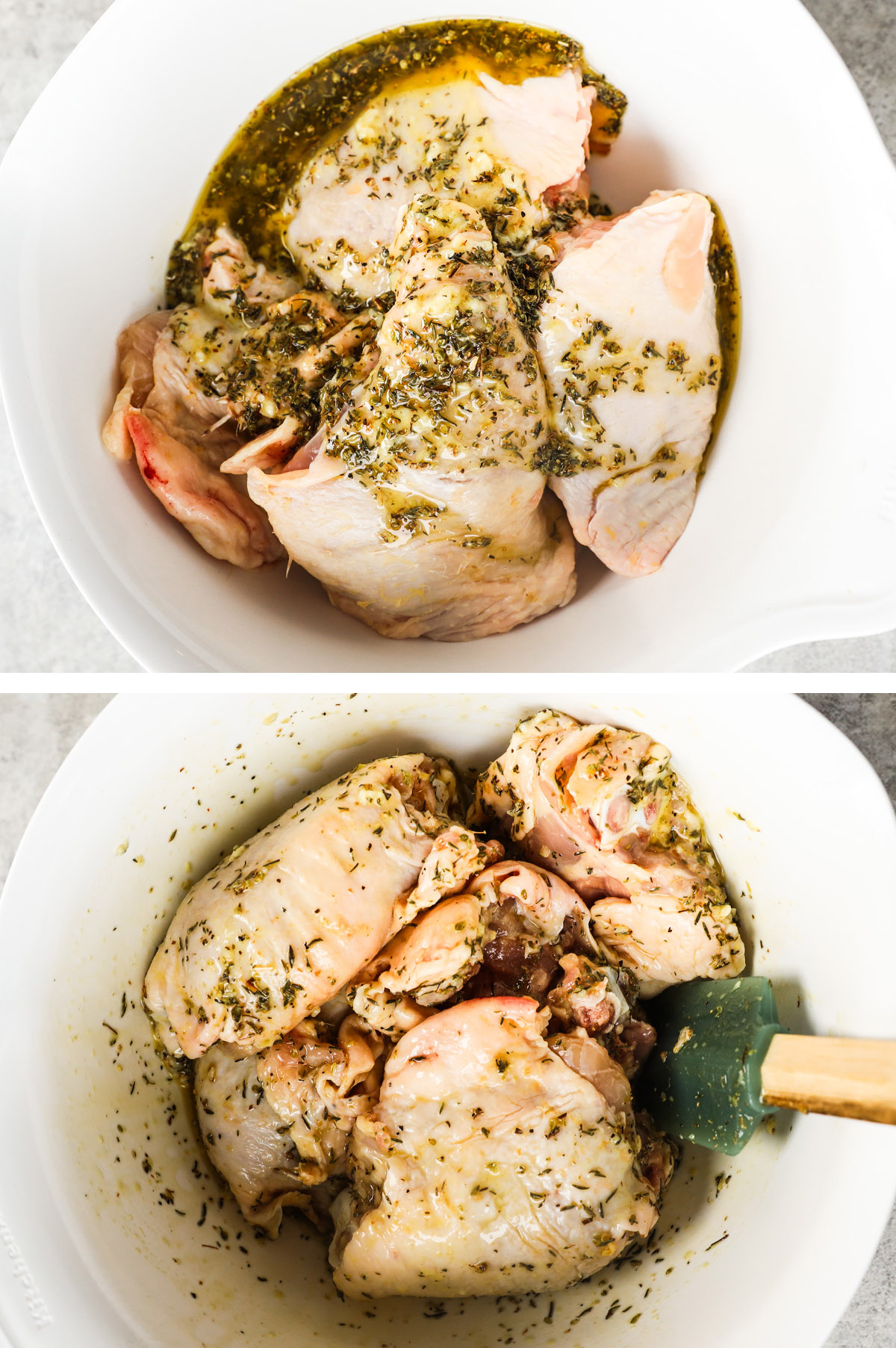 Two images grouped first is raw chicken with sauce, second is sauce ingredients mixed with raw chicken