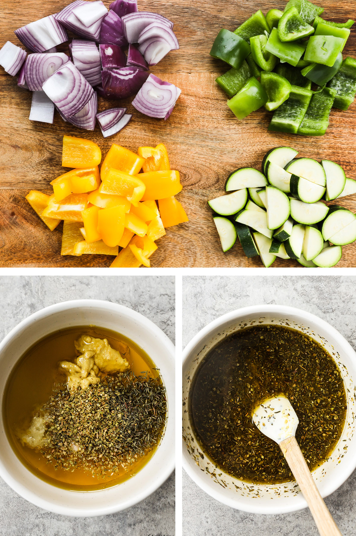 Three images grouped, first is various chopped veggies, second and third is bowl with sauce ingredients first unmixed then mixed