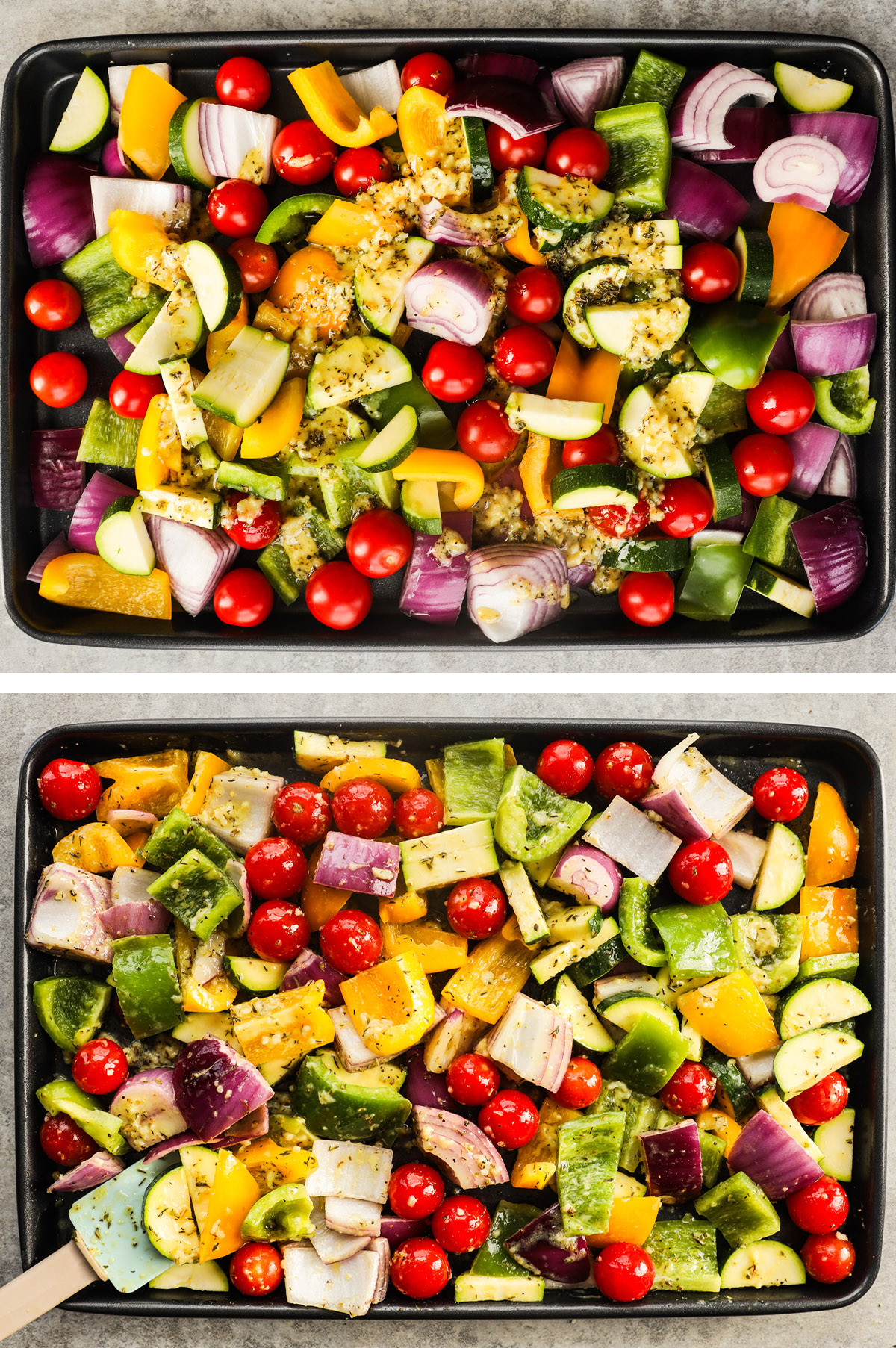 Two images of a baking sheet, first with mixed colorful mixed veggies and marinade dumped on. Second is veggies tossed with marinade sauce.