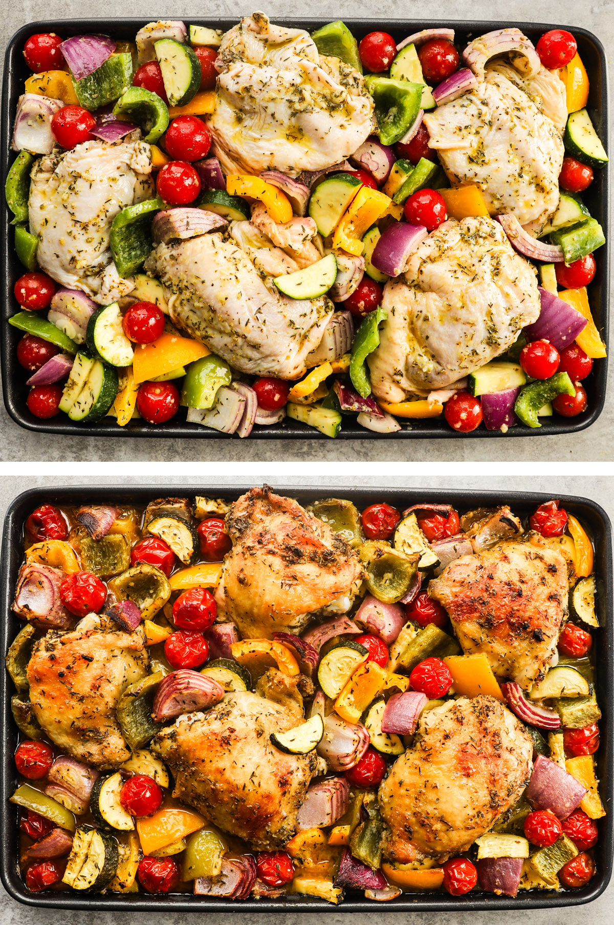 Two images of baking sheet with chicken thighs and mixed veggies. First is unbaked, second is baked