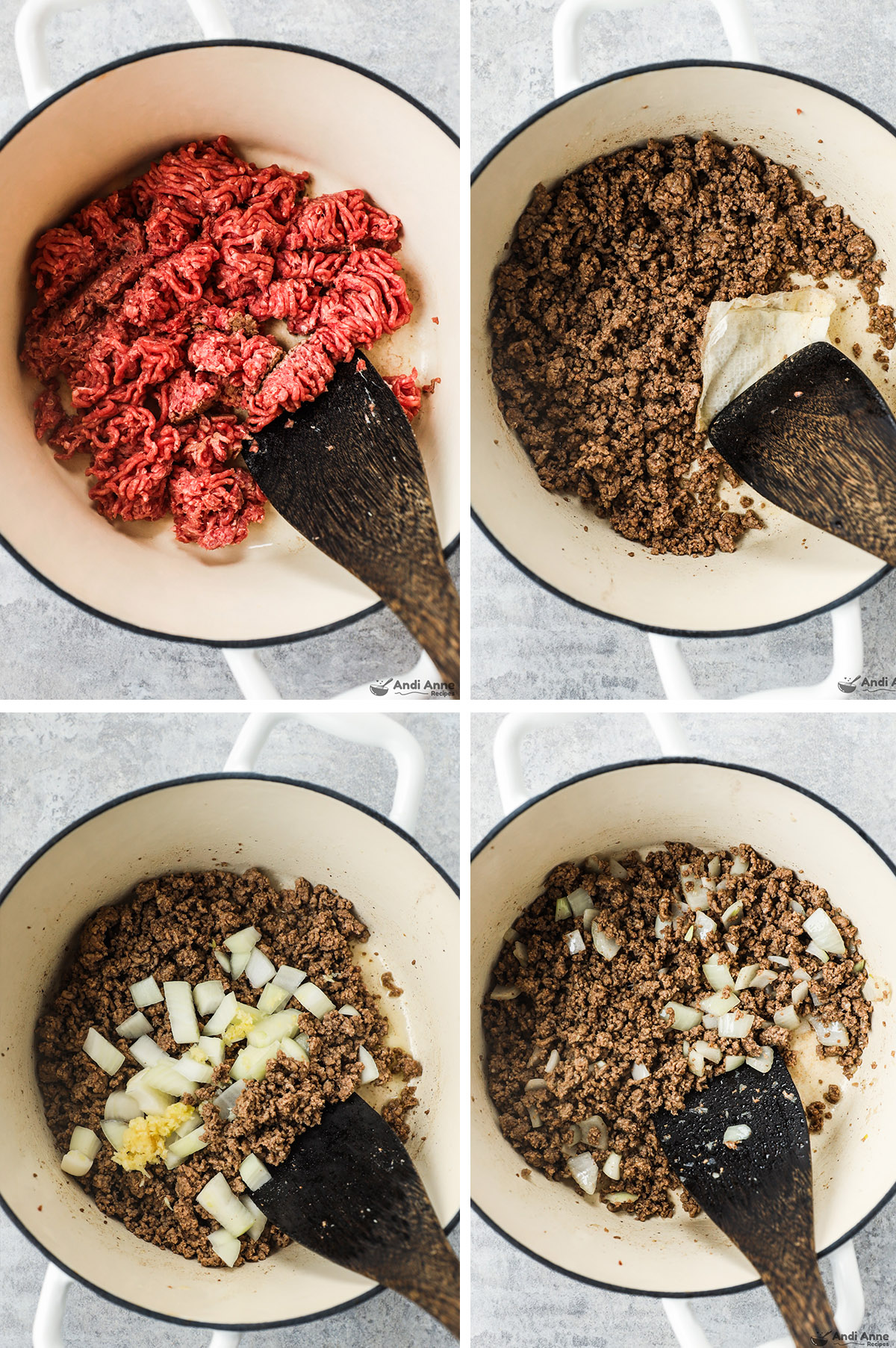 Four images of a pot grouped together. First two are ground beef uncooked then cooked and crumbled. Last two images have chopped onion dumped and mixed in