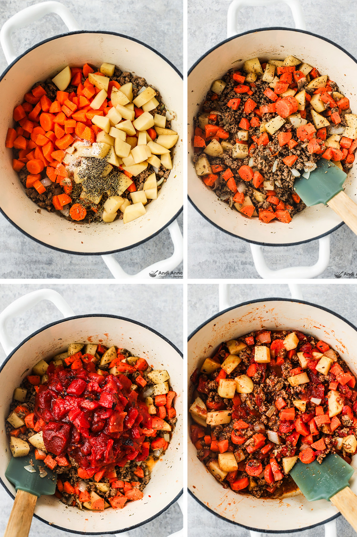 Four images grouped together, first two have carrots, potatoes and spices dumped over ground beef in pot then mixed together. Last two have diced tomato and tomato paste dumped over mixture and then mixed in. 