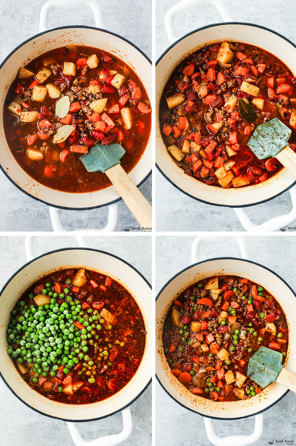 Four images grouped together. First has broth dumped into pot with bay leafs. Second has ingredients mixed and simmered together. Third has frozen peas dumped in. Fourth is peas mixed in to create final ground beef stew.