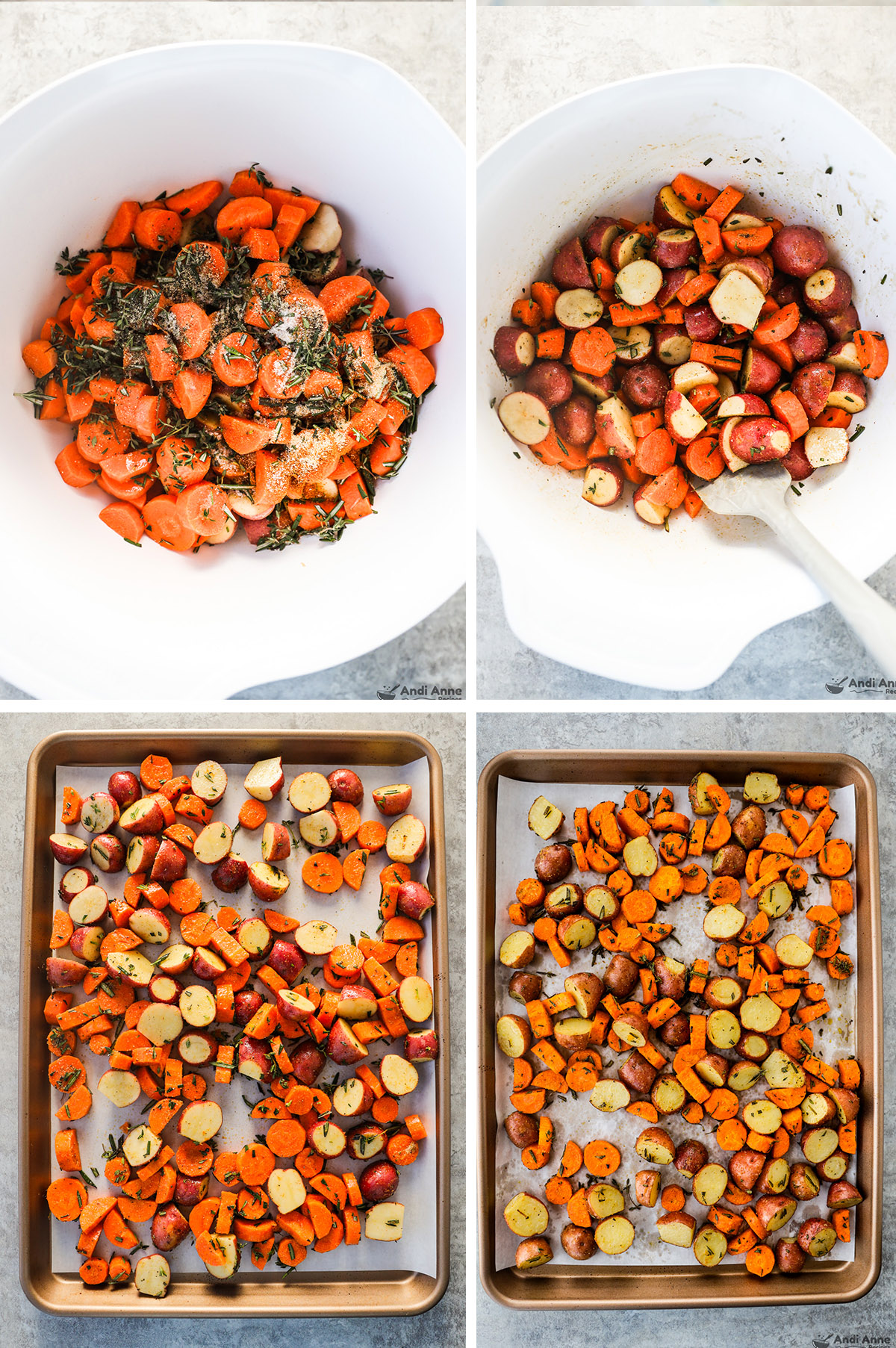 Four images grouped, first two carrots, potatoes and spices dumped in a bowl. Last two carrots and potatoes spread on baking sheet first raw then baked