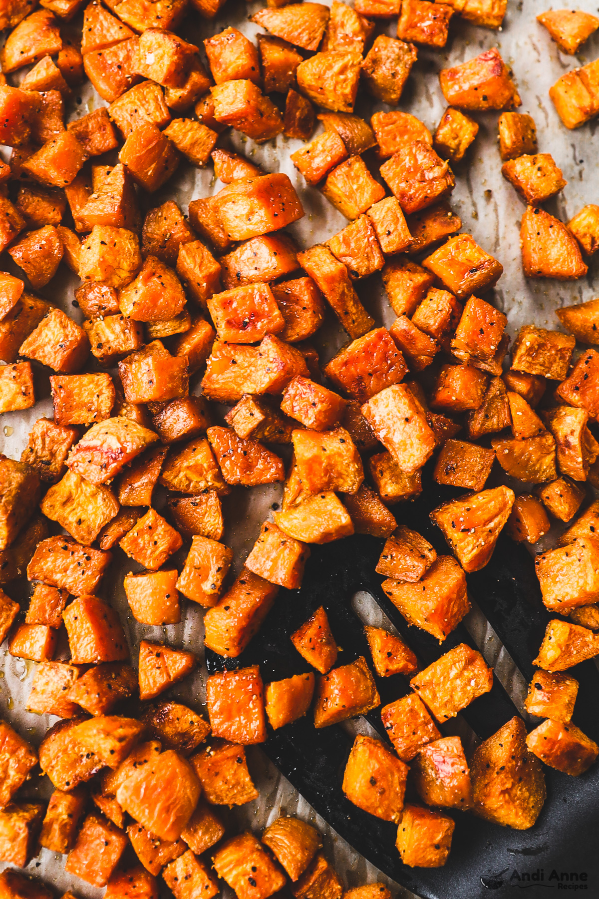 Close up of cooked cubed sweet potatoes.