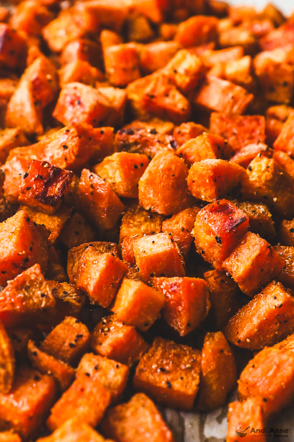 Close up of cubed cooked sweet potatoes