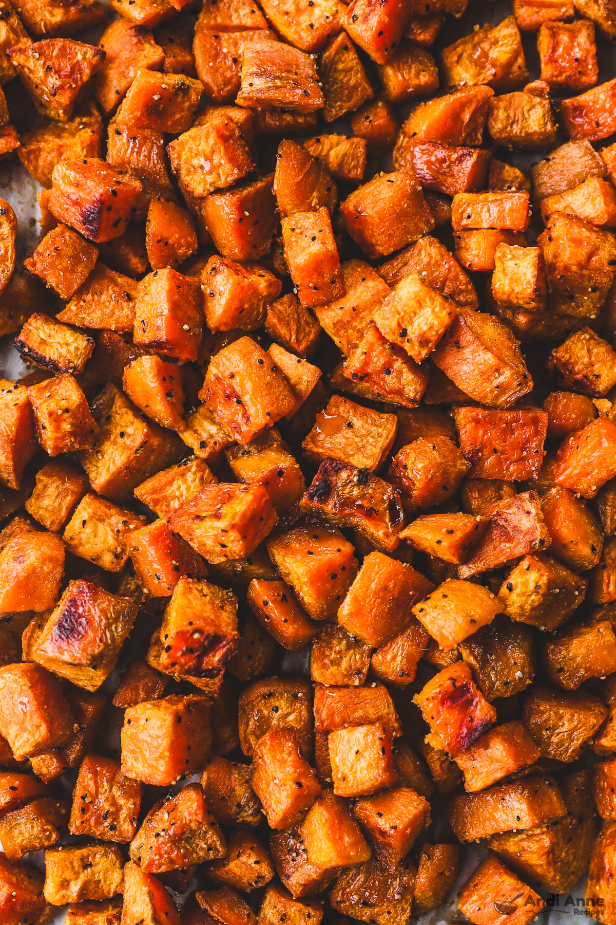 Close up of cooked cubed sweet potatoes.