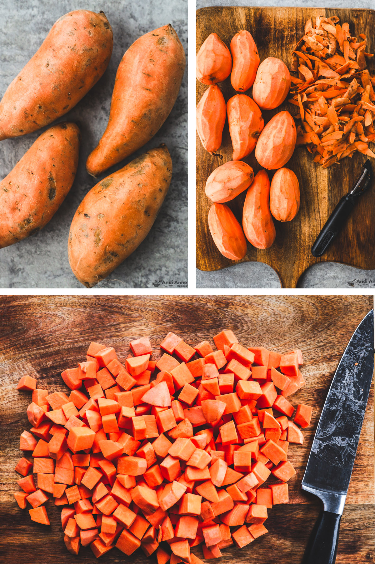 Three images grouped. First is sweet potatoes, second is peeled sweet potatoes, third is cubed sweet potatoes with a knife.