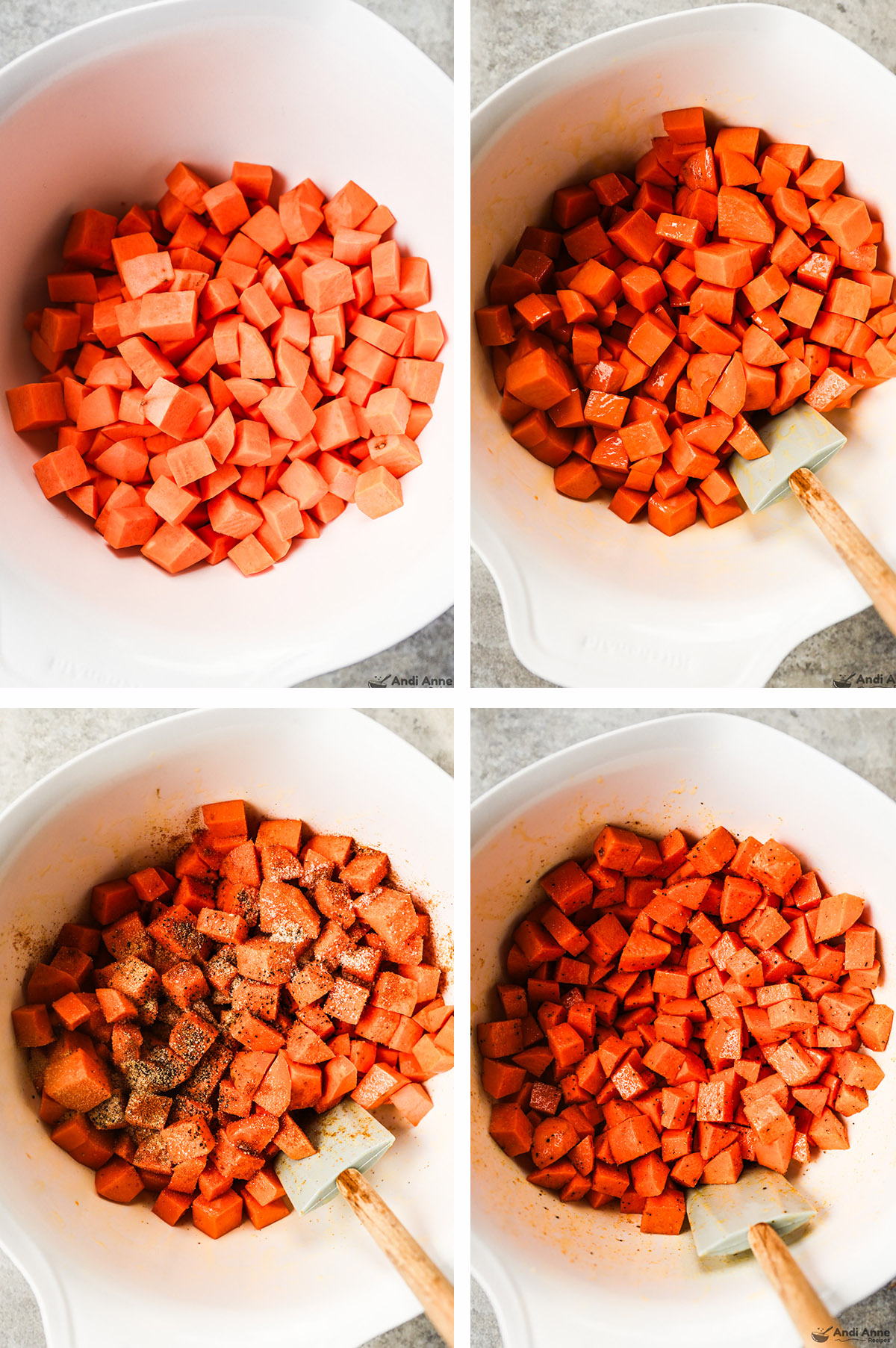 Four images of a bowl of sweet potatoes, first just raw cubed sweet potatoes, second with olive oil drizzled on top, third with spices on top, fourth with spices mixed in. 