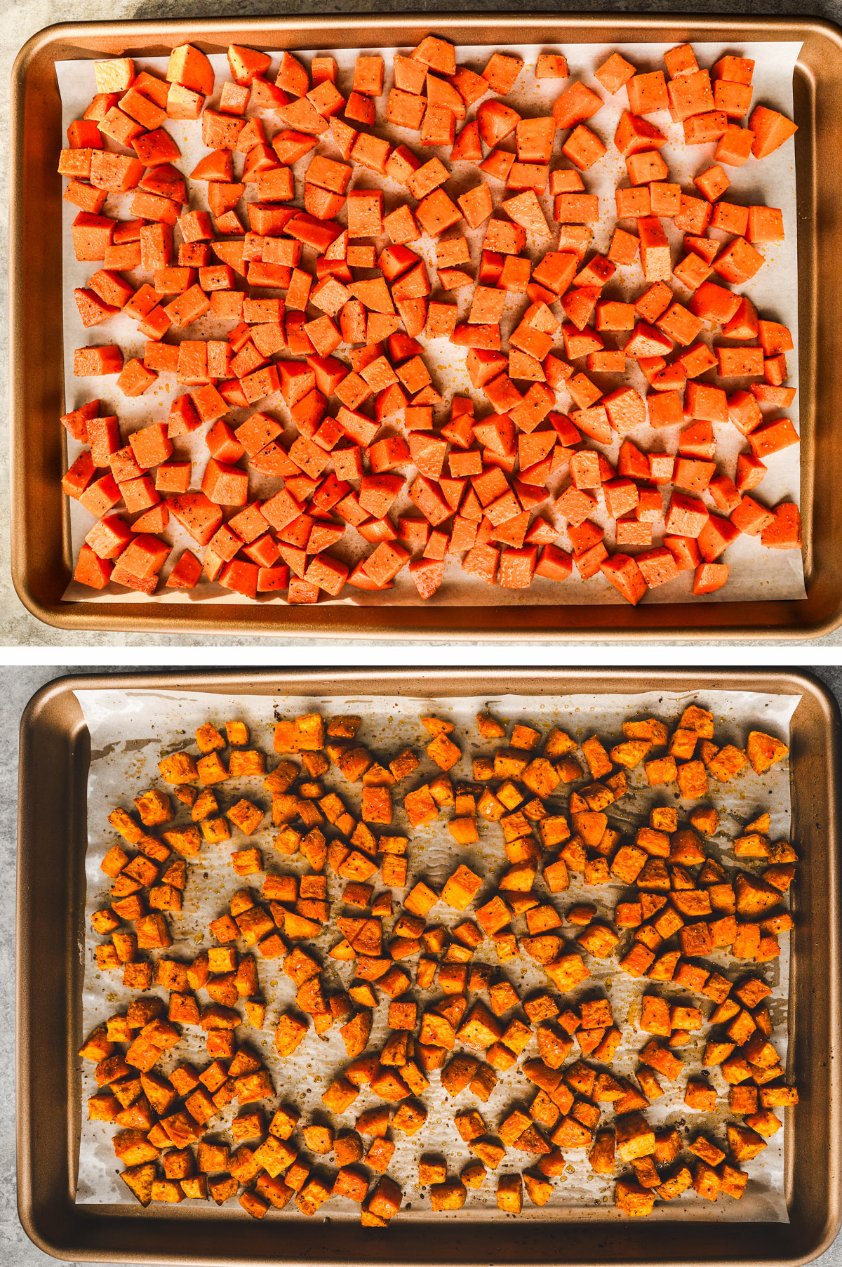 Baking sheet with raw chopped sweet potatoes, then cooked sweet potatoes. 