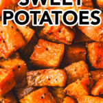 close up of crispy roasted sweet potato chunks