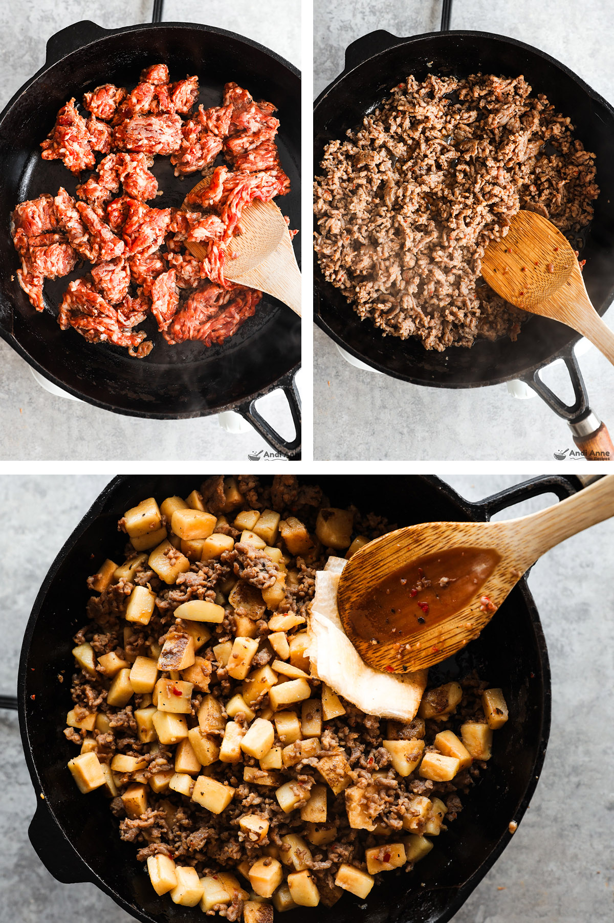 Three images grouped together of a skillet, first is raw ground sausage, second is browned ground sausage, third is hash browns with ground sausage.