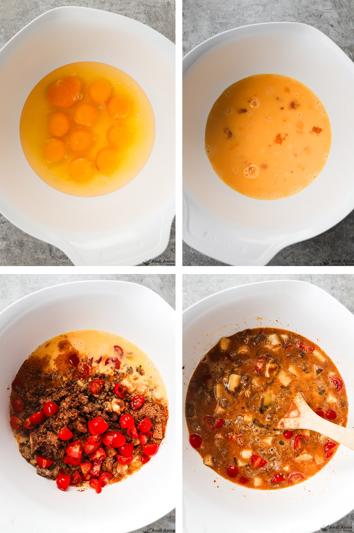 Four images of a bowl grouped together. First is eggs, second is beaten eggs, third ground beef and tomato added, fourth is egg ground beef mixture mixed together.