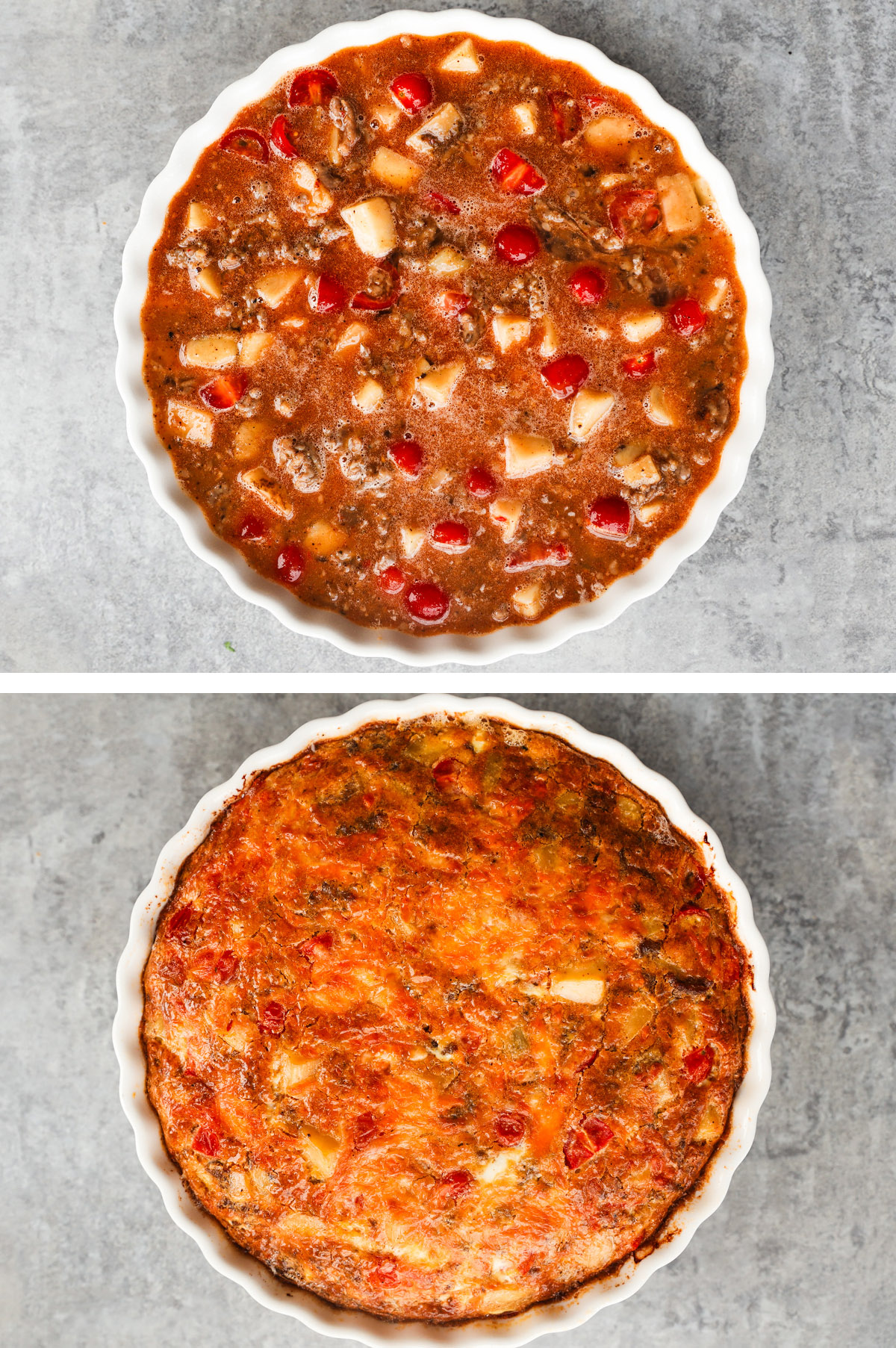 Two images grouped together, first is raw quiche in pan, second is cooked frittata.