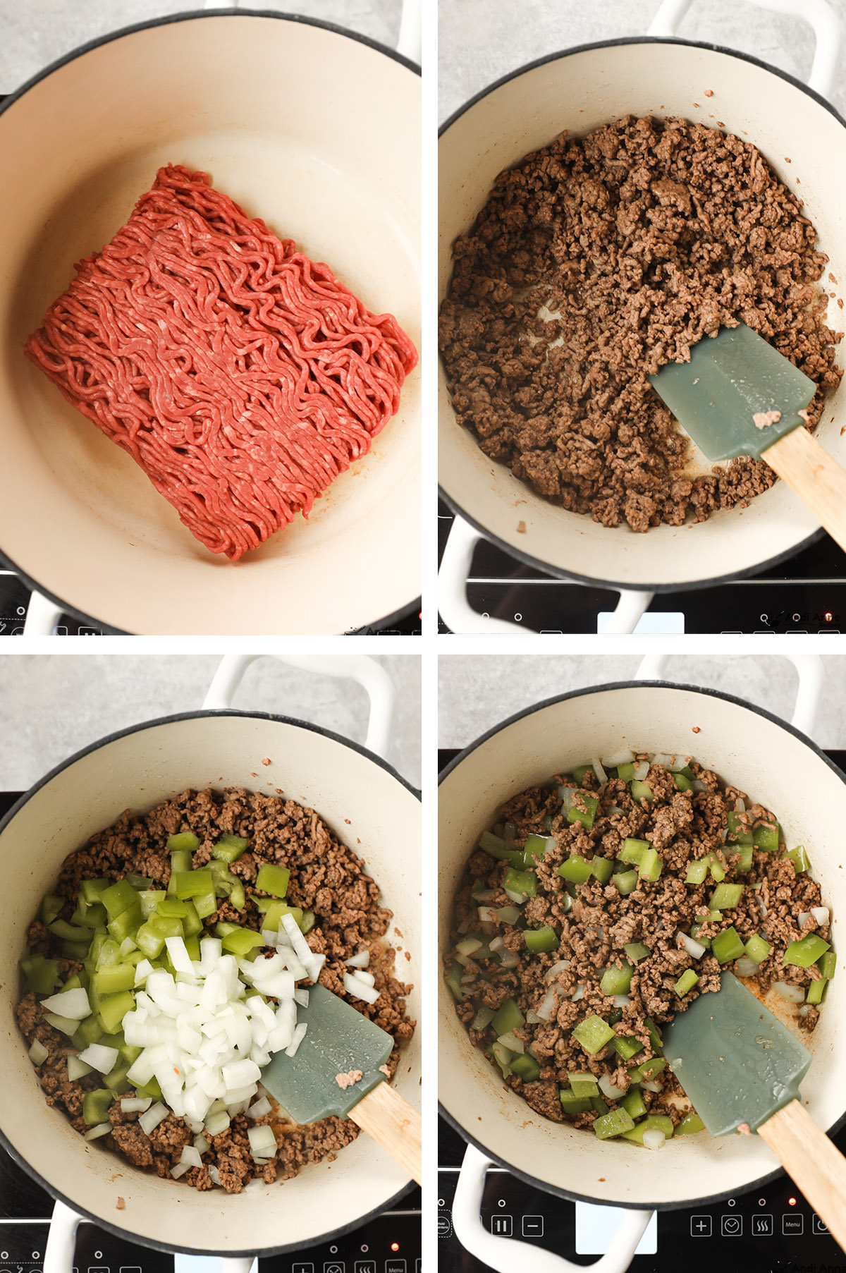 Four images of a pot, first with raw beef, second with crumbled ground beef, third with chopped bell pepper and celery dumped in, fourth with all ingredients mixed together.