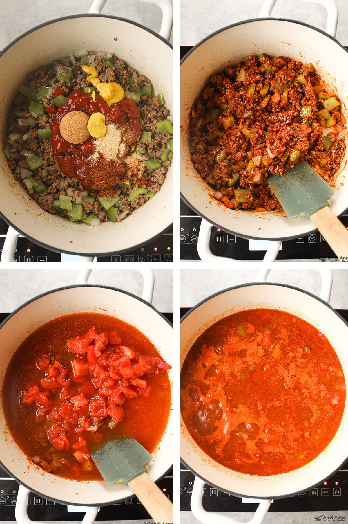 Four images of a pot with ground beef mixture, first with sauces and spices dumped in, second with them mixed together, third with canned diced tomatoes dumped in, fourth with ingredients simmering in a pot. 