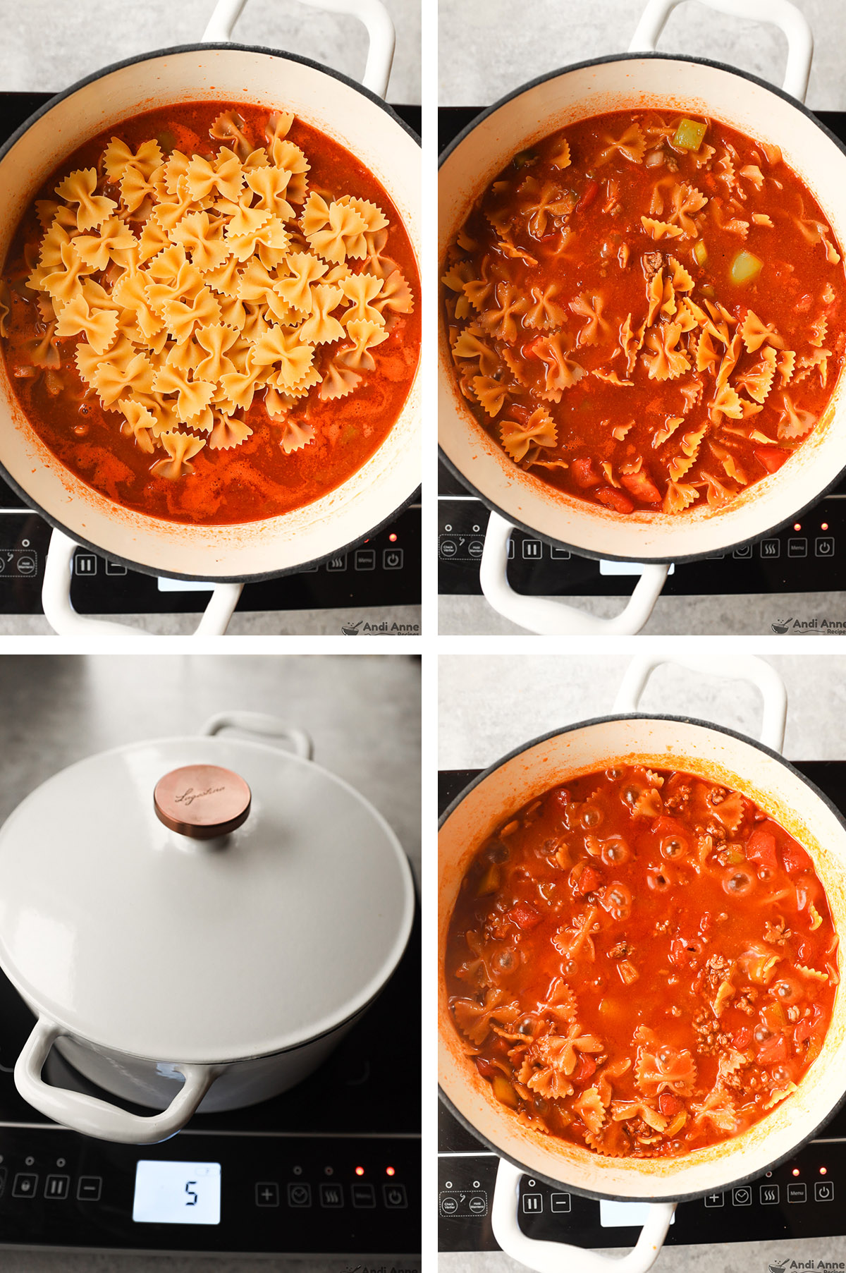 Four images of a pot, first with bowtie pasta dumped in to tomato mixture, second with pasta stirred in, third si pot with lid, fourth is simmering pasta in tomato soupy mixture.